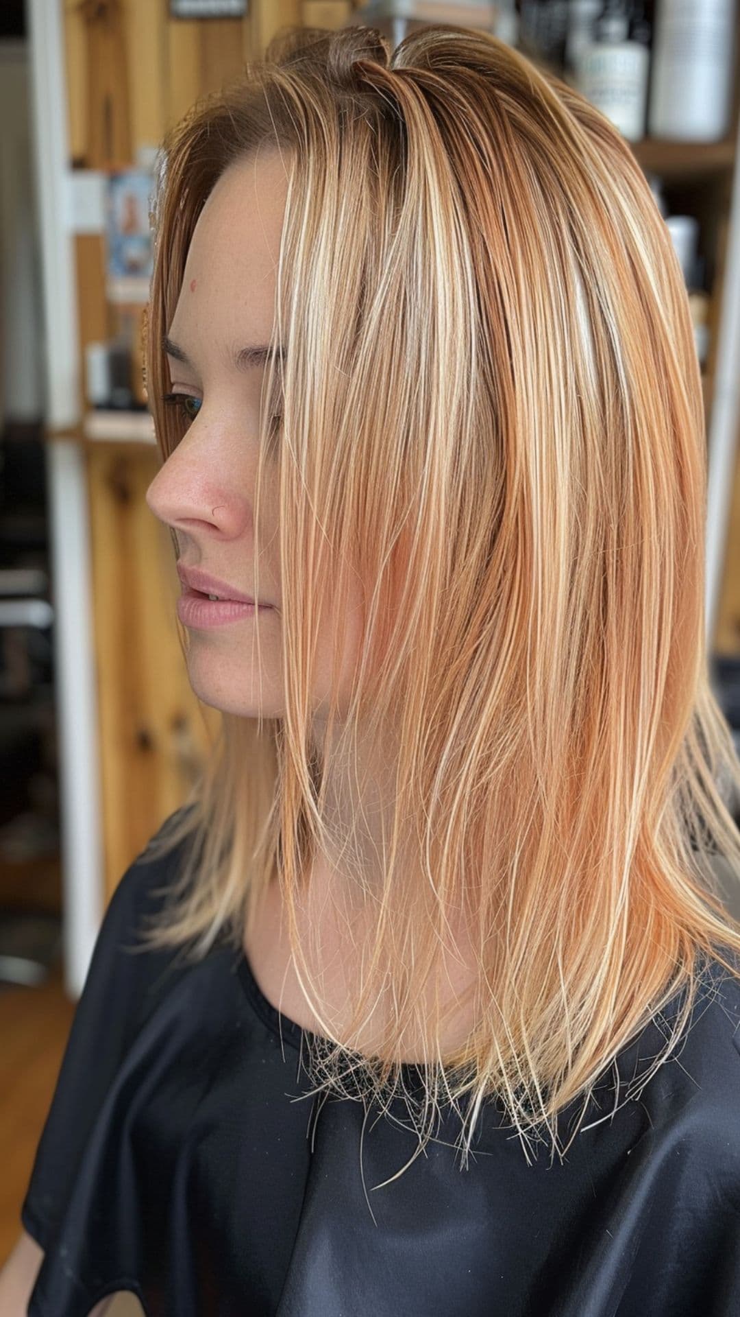 A woman modelling a soft pastel peach hair with blonde highlights.