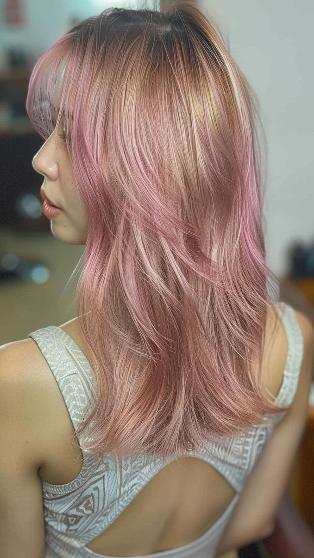 A woman modelling a strawberry milk tea hair.