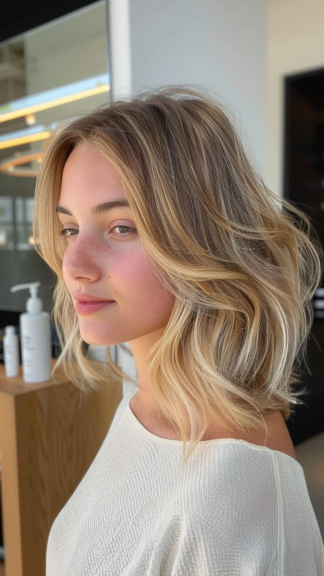 A woman modelling a short sun-kissed blonde hair.