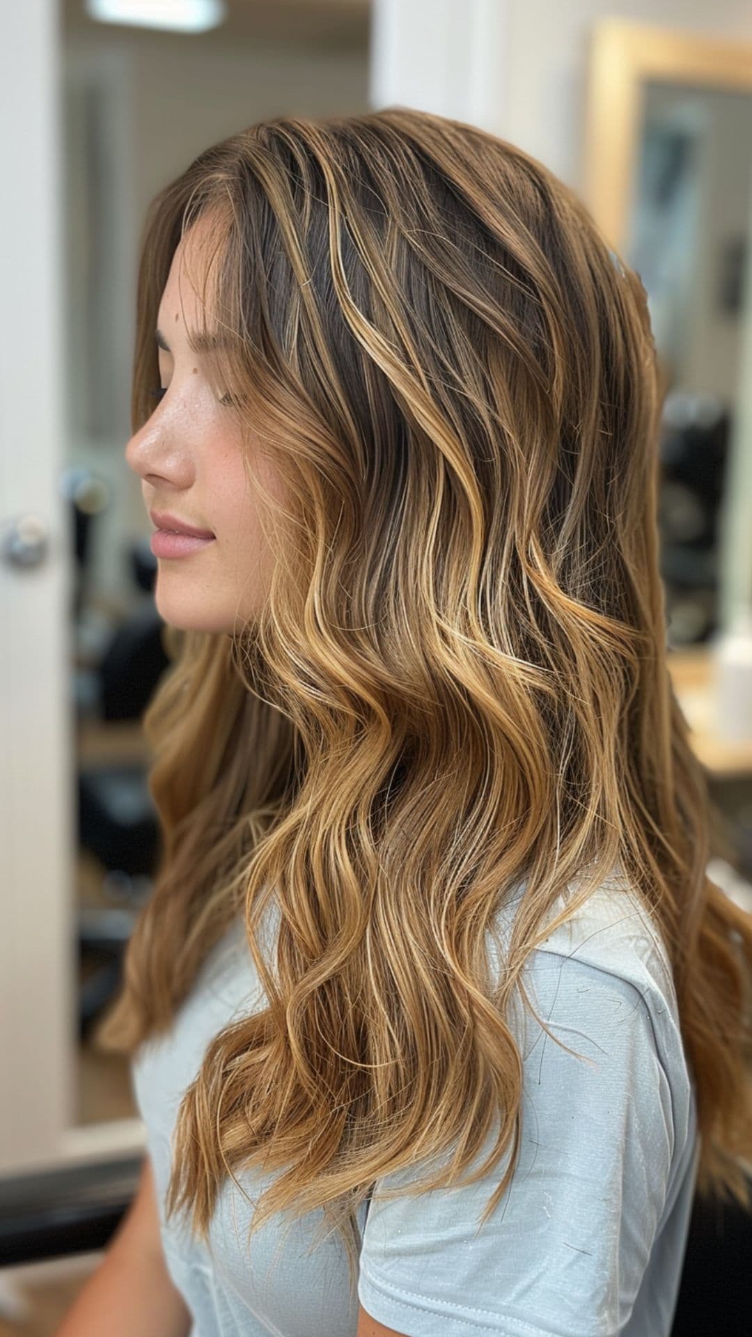 A woman modelling a sun-kissed brunette hair.