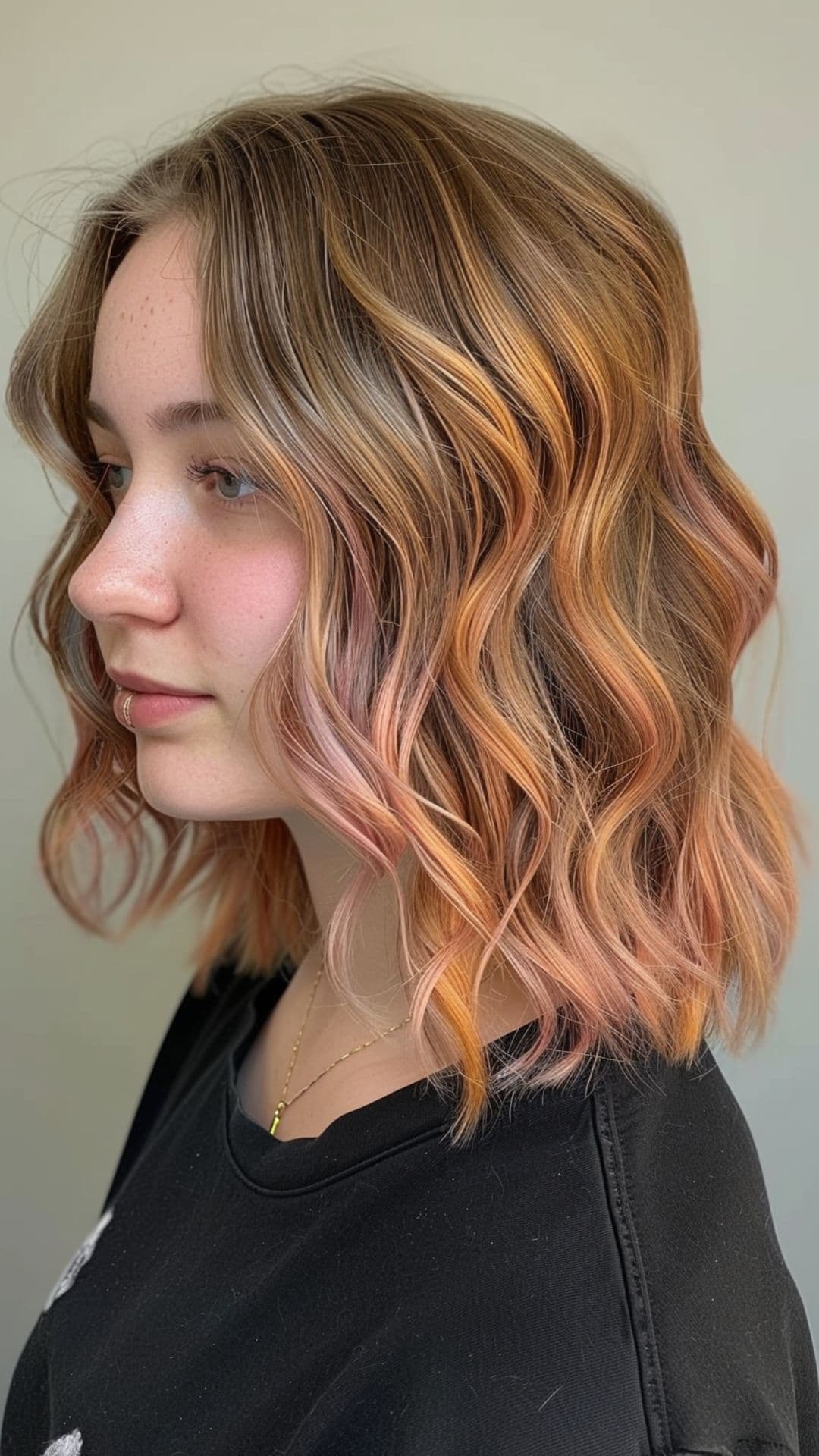 A woman modelling a sunset balayage lob hair.