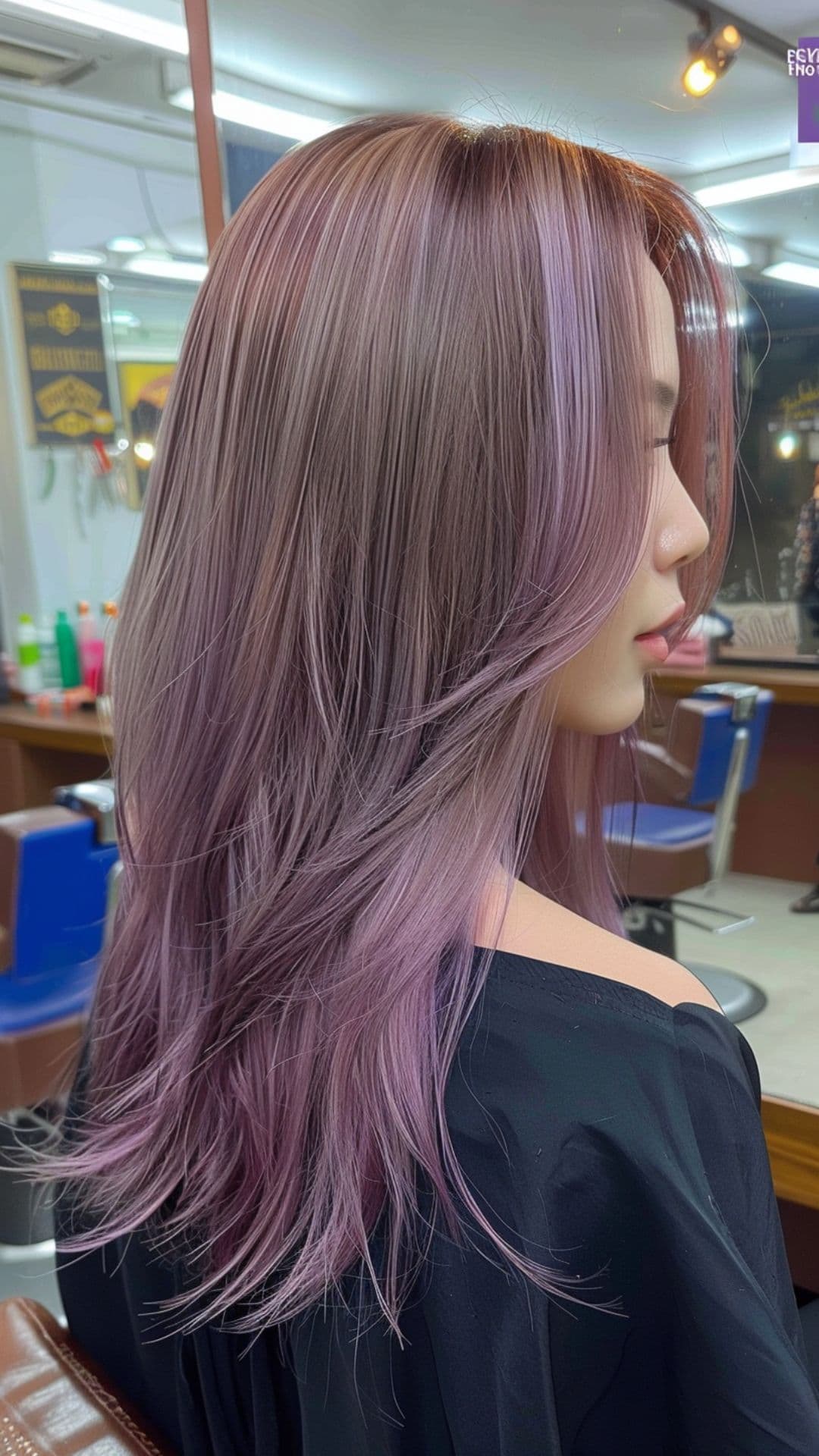 A woman modelling a taro milk tea hair.