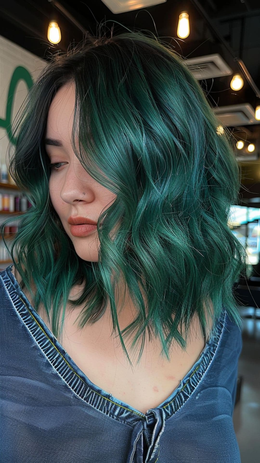 A woman modelling a teal balayage lob hair.