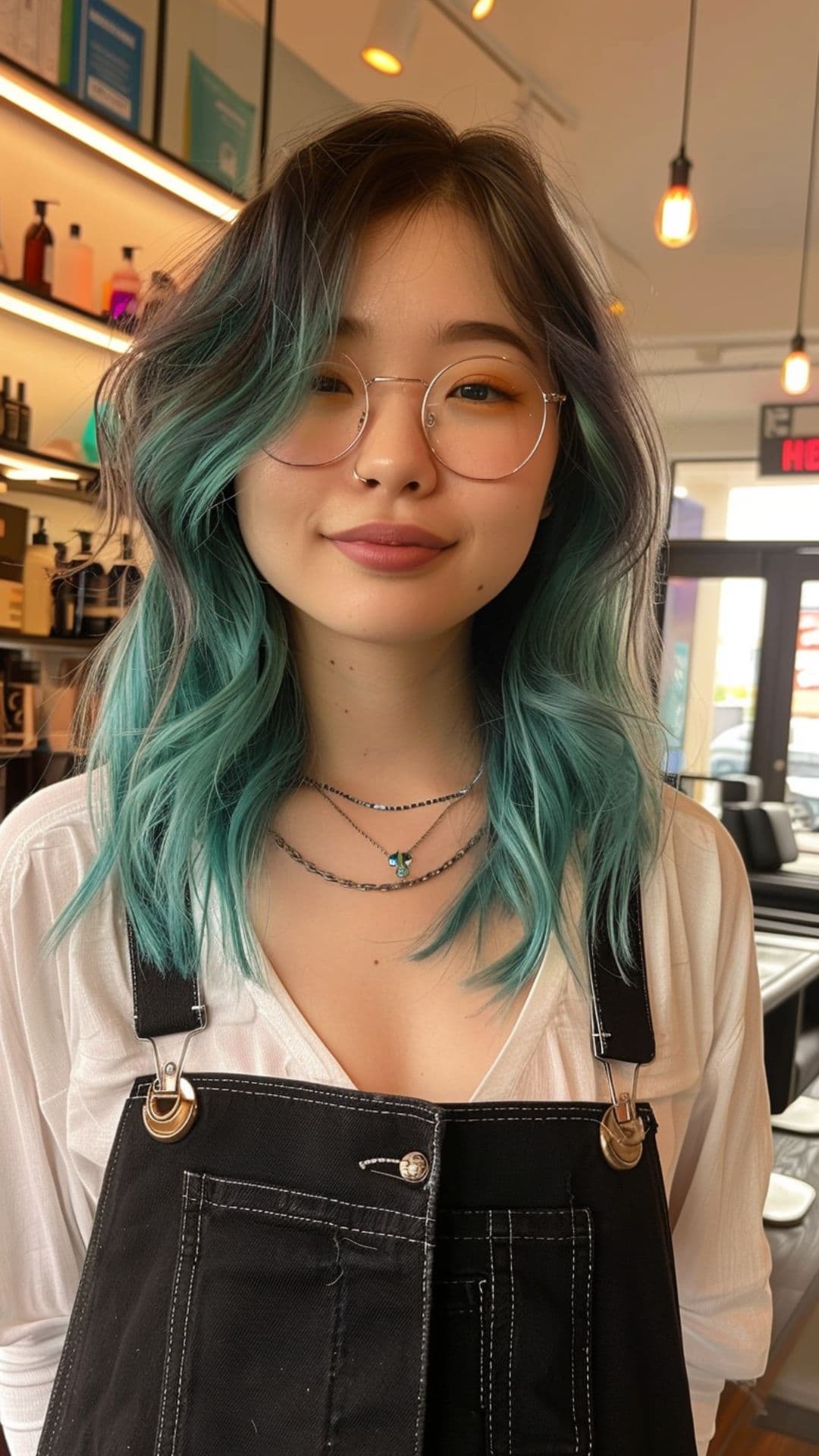 A woman modelling a teal ombre hair.