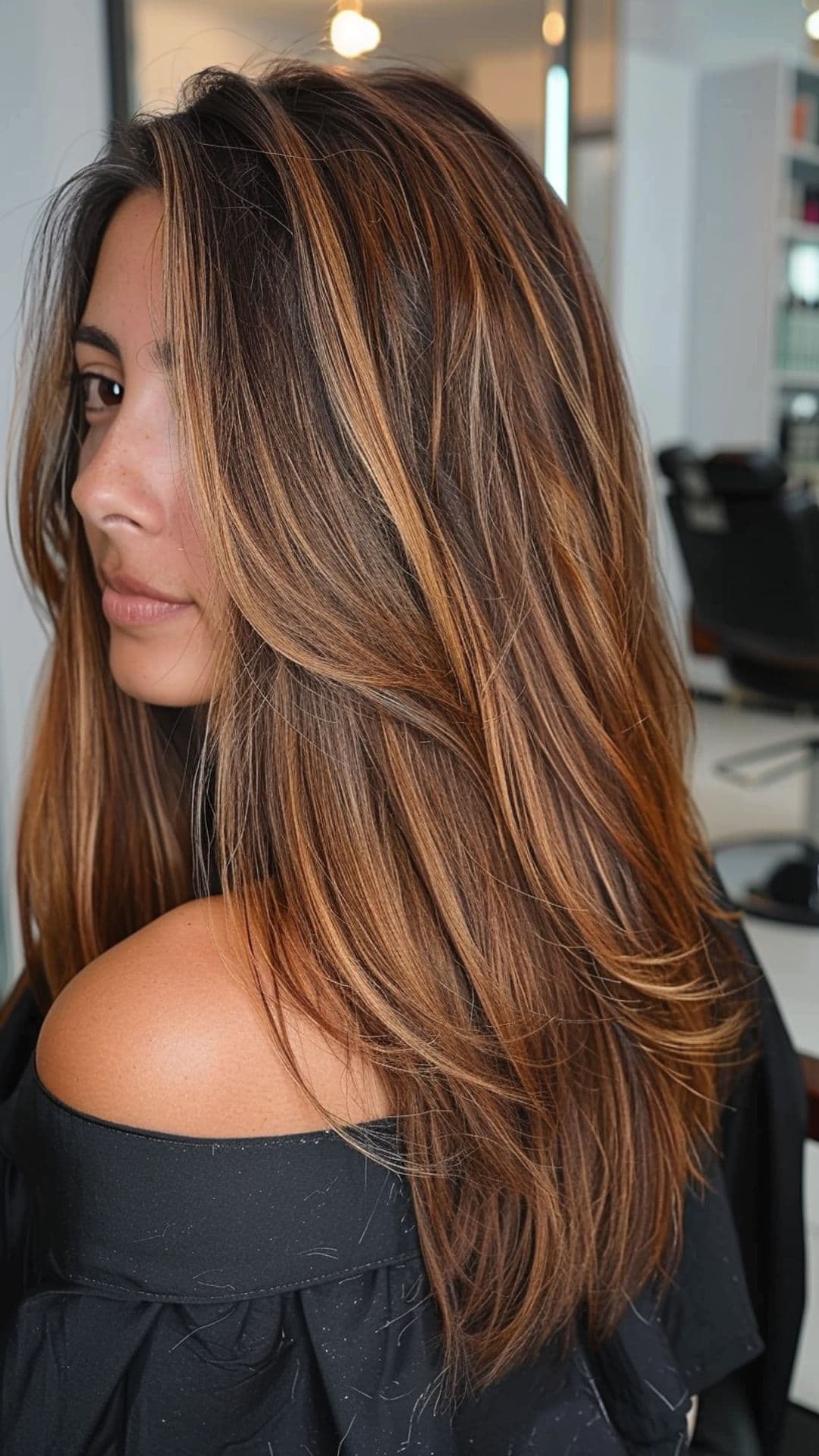 A woman modelling a toffee hair highlights.