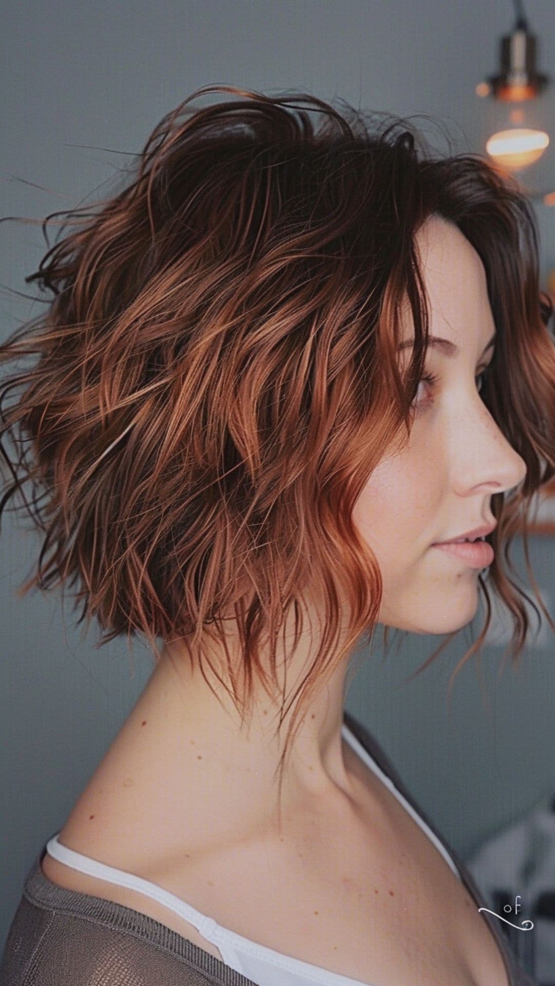 A woman modelling a tousled inverted bob.