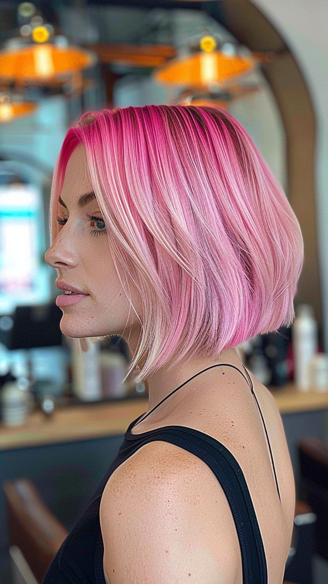 A woman modelling a unicorn pink ombre hair.