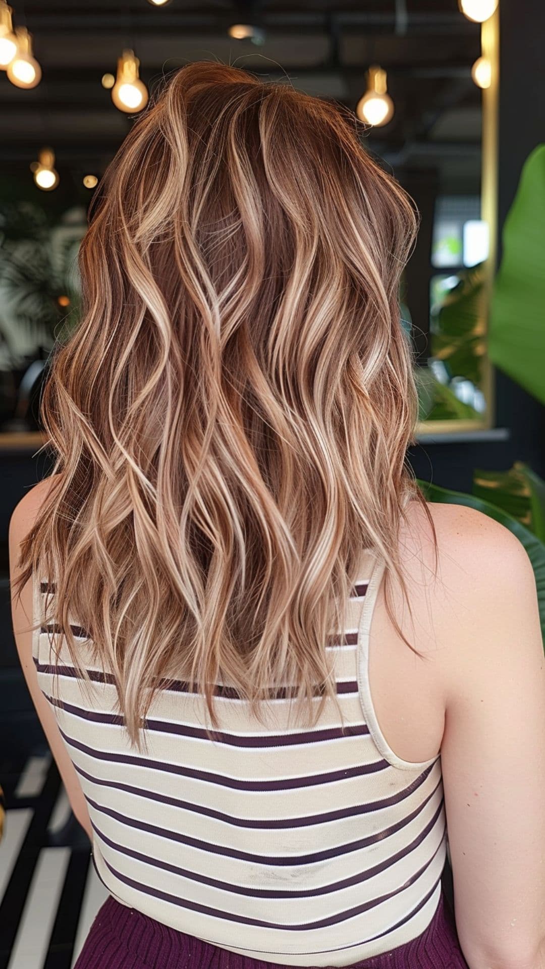 A woman modelling a vanilla and chocolate chunky highlights hair.