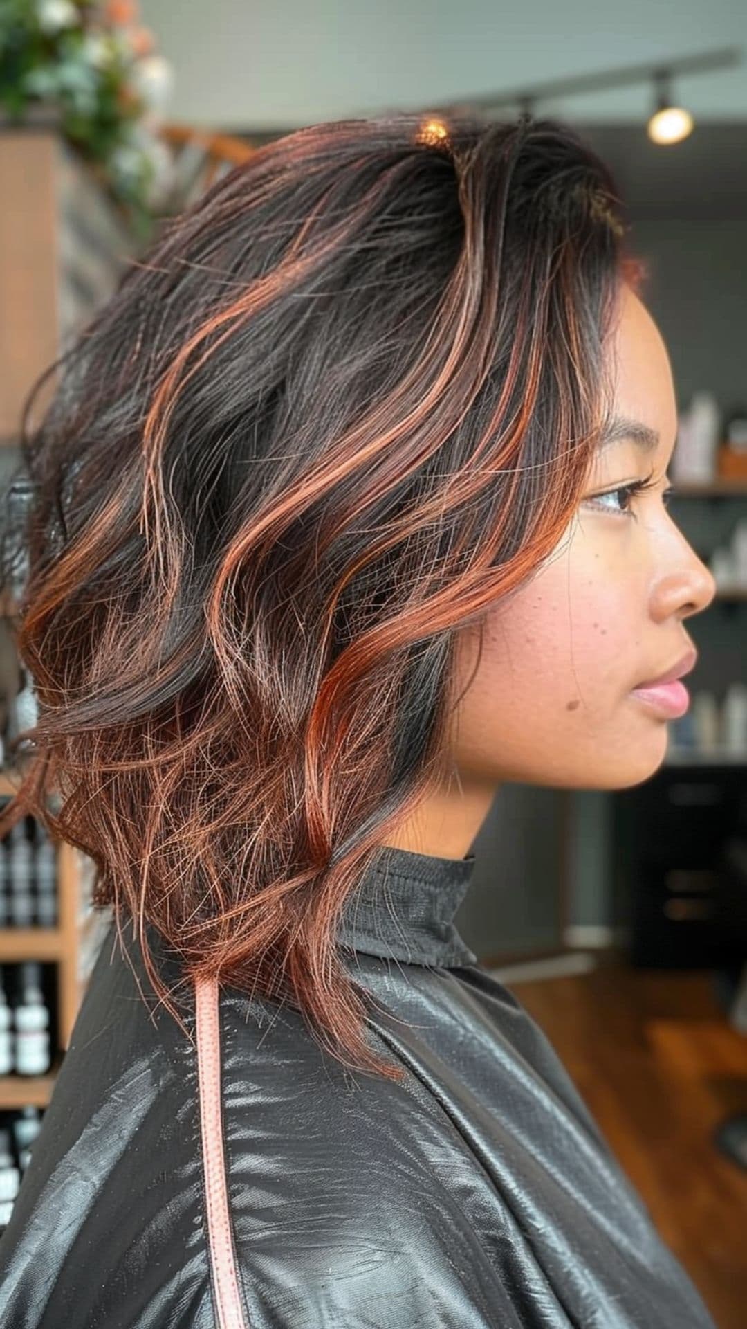 A woman modelling a black hair with copper highlights.