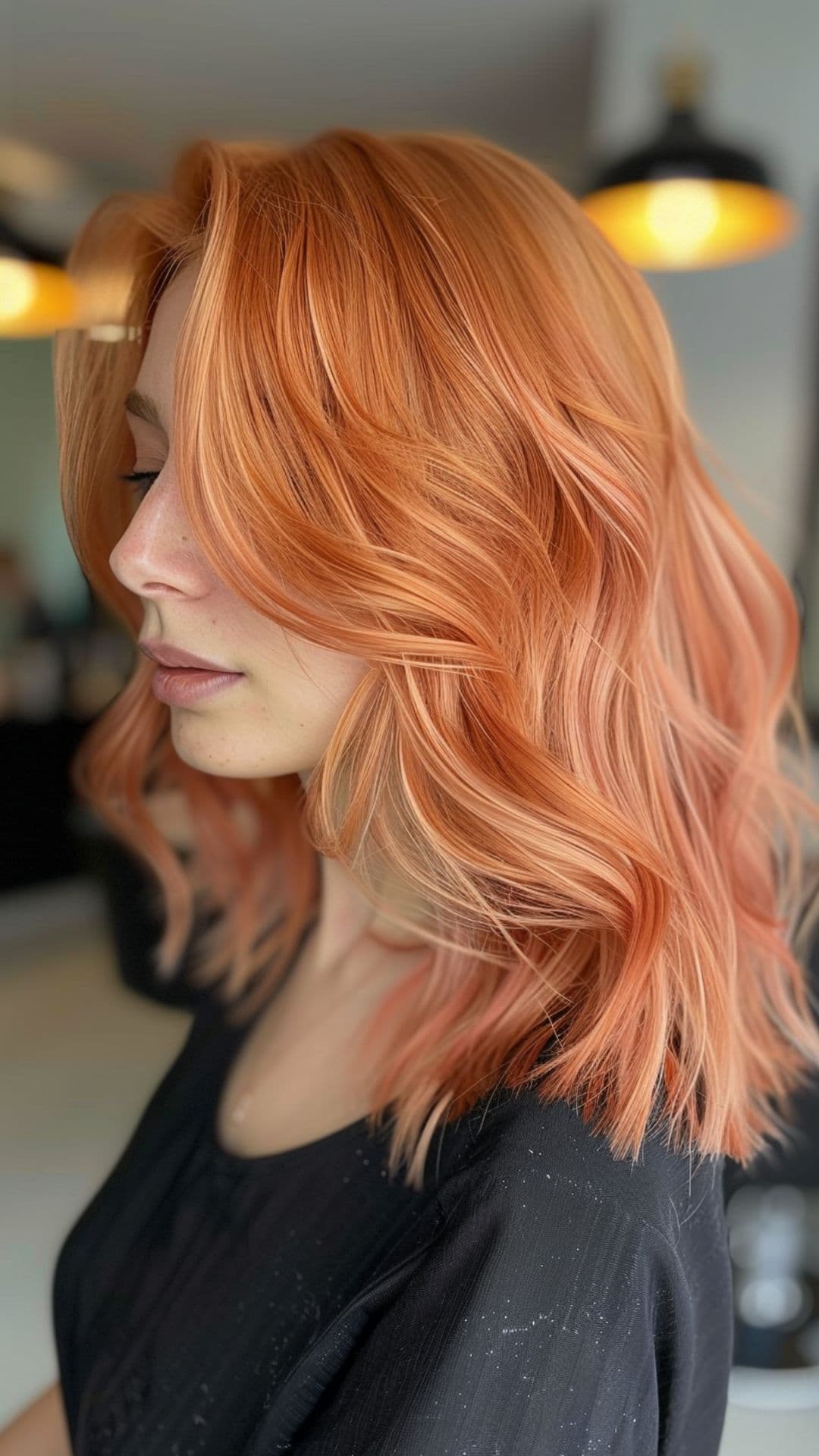 A woman modelling a vibrant peach hair.