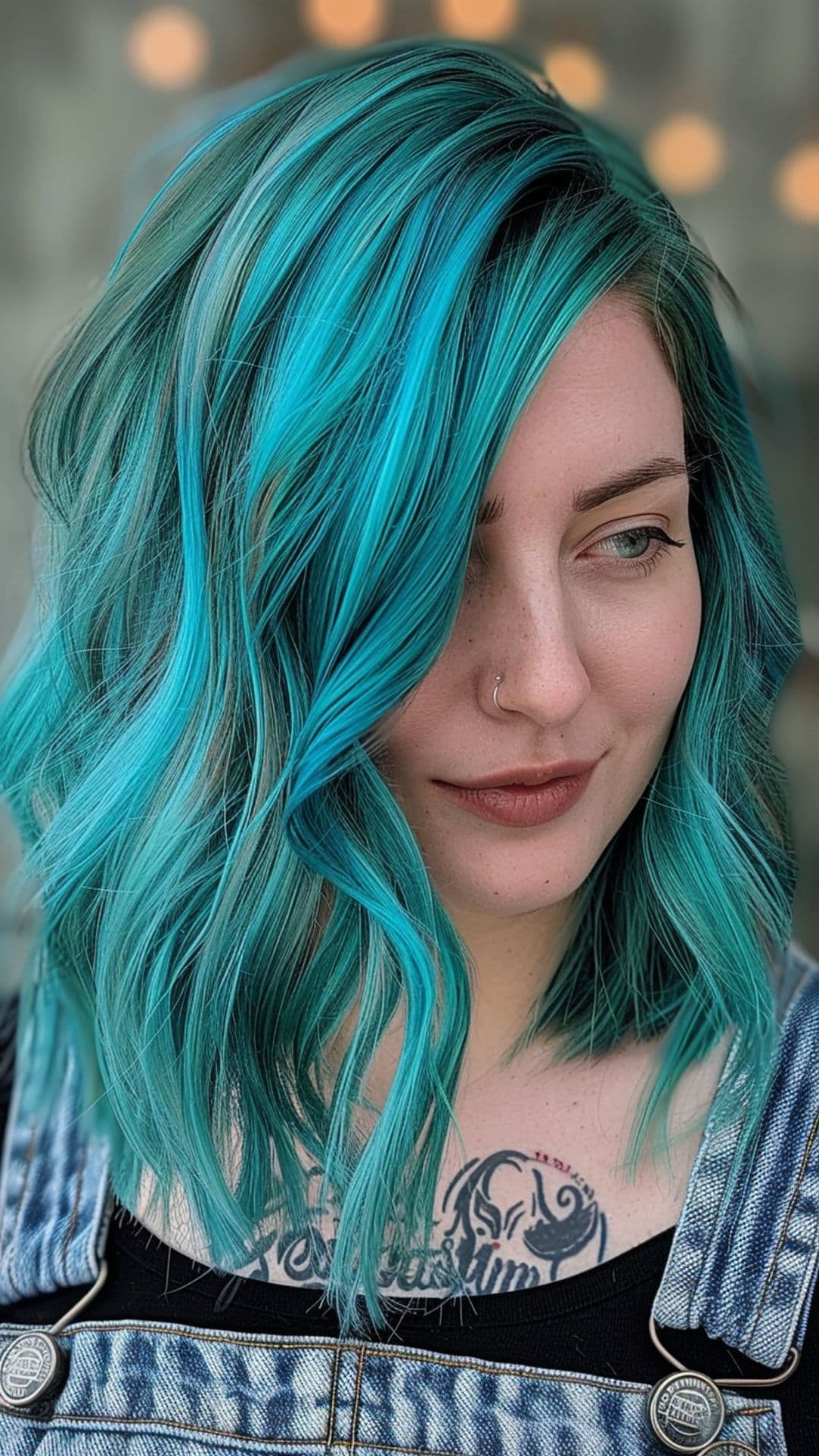 A woman modelling a short vibrant teal hair.