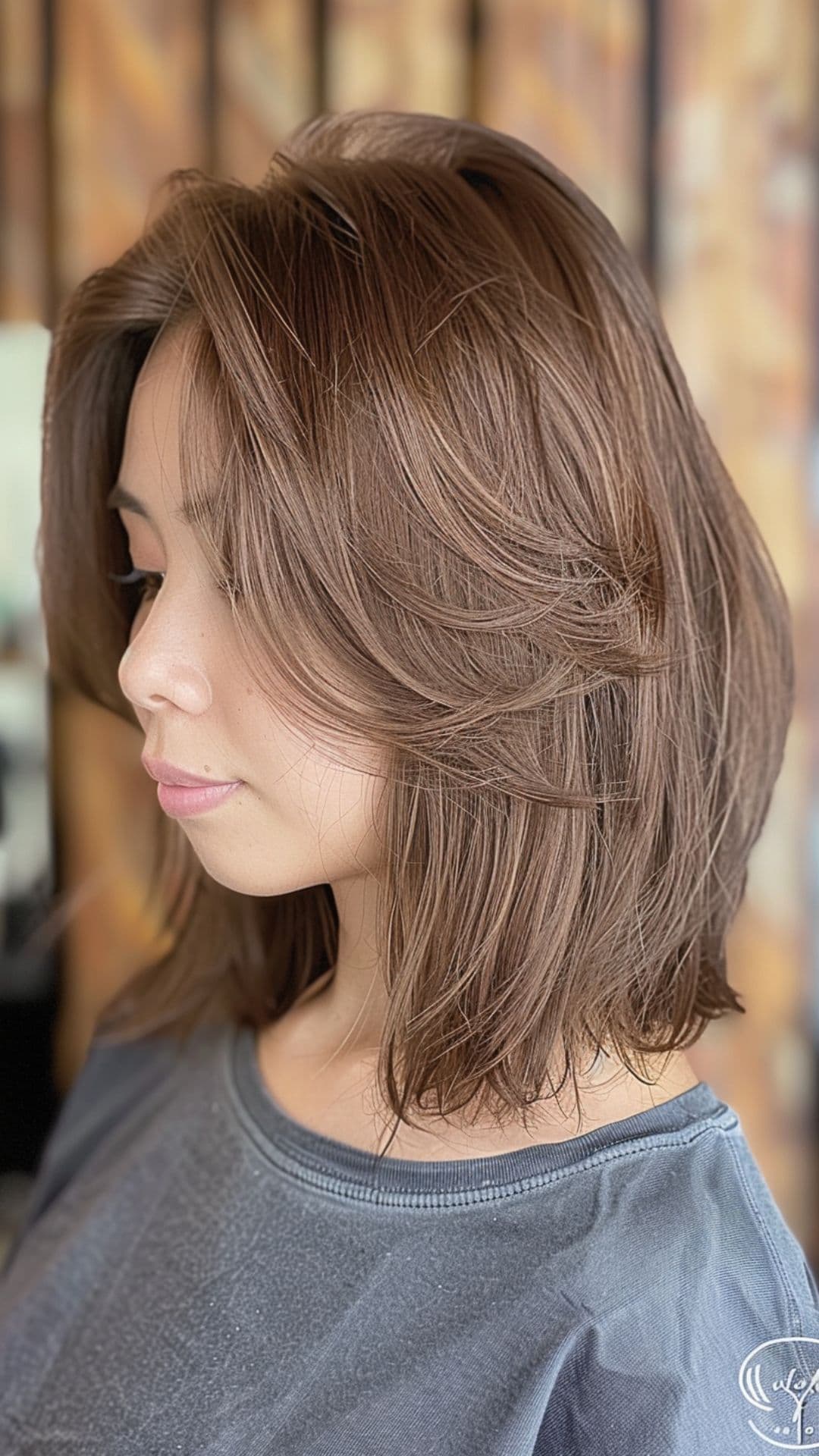 A woman modelling a walnut light brown short hair.