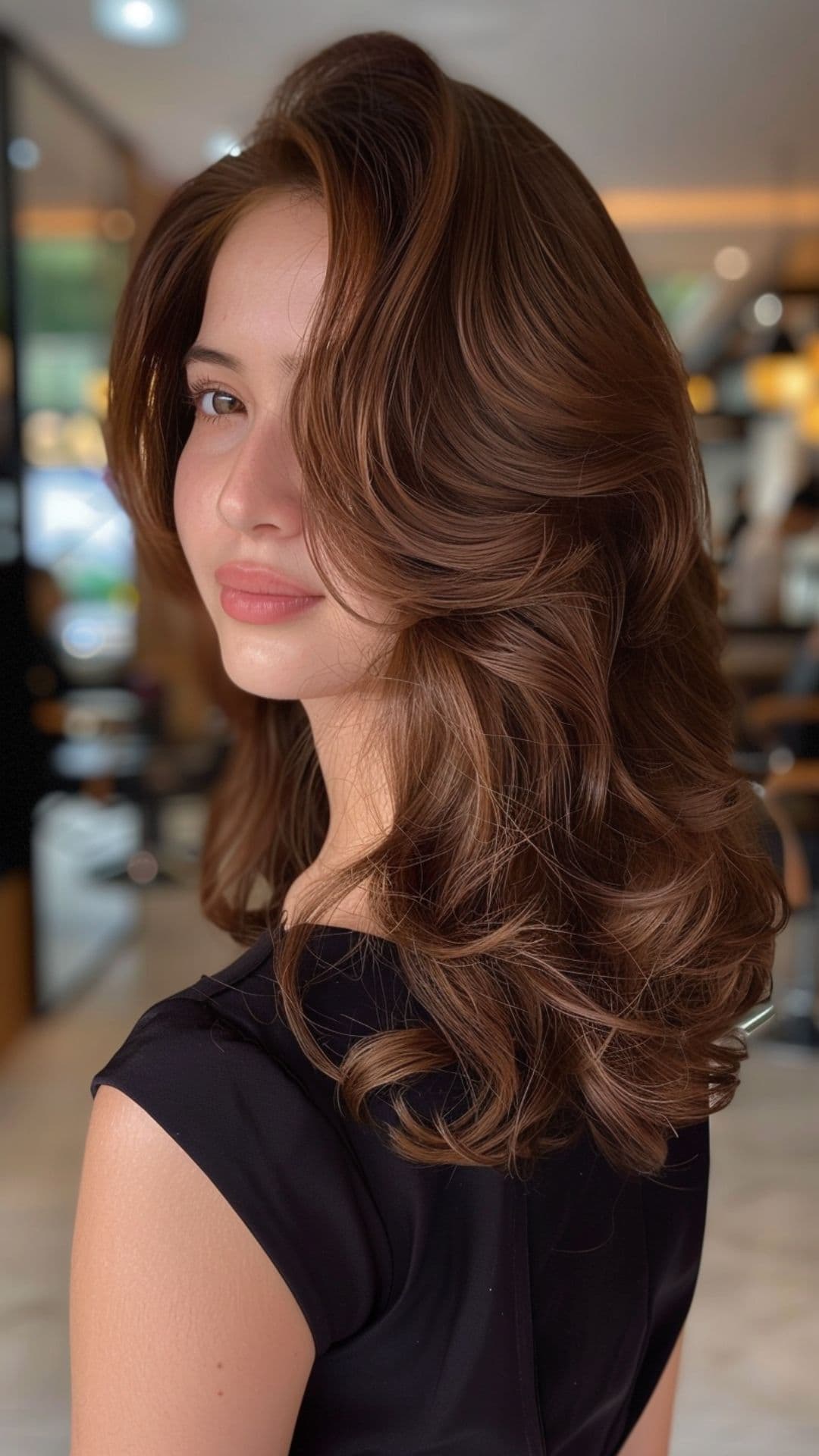 A woman modelling a warm chestnut hair.