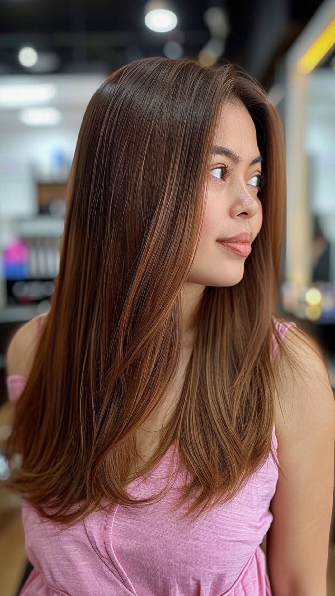 A woman modelling a warm chocolate hair color.