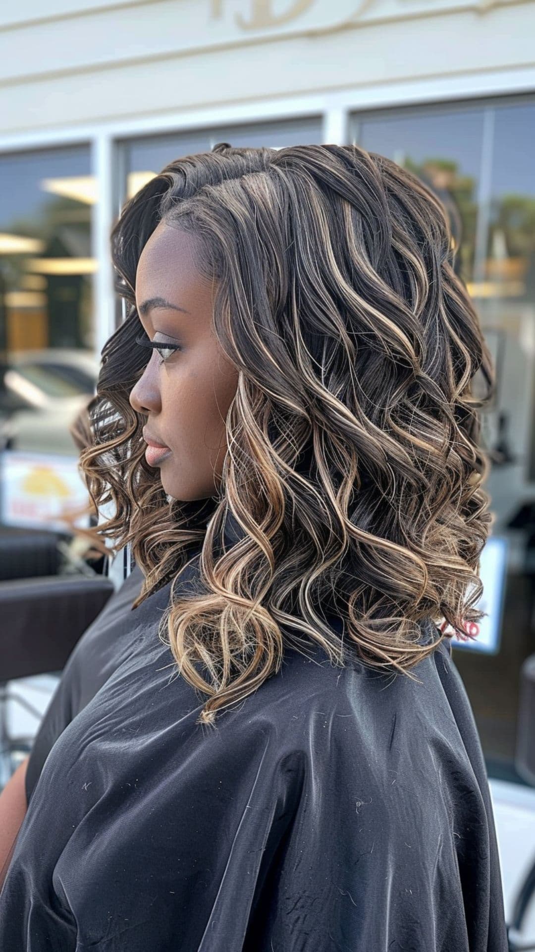 A woman modelling a black hair with honey blonde highlights.