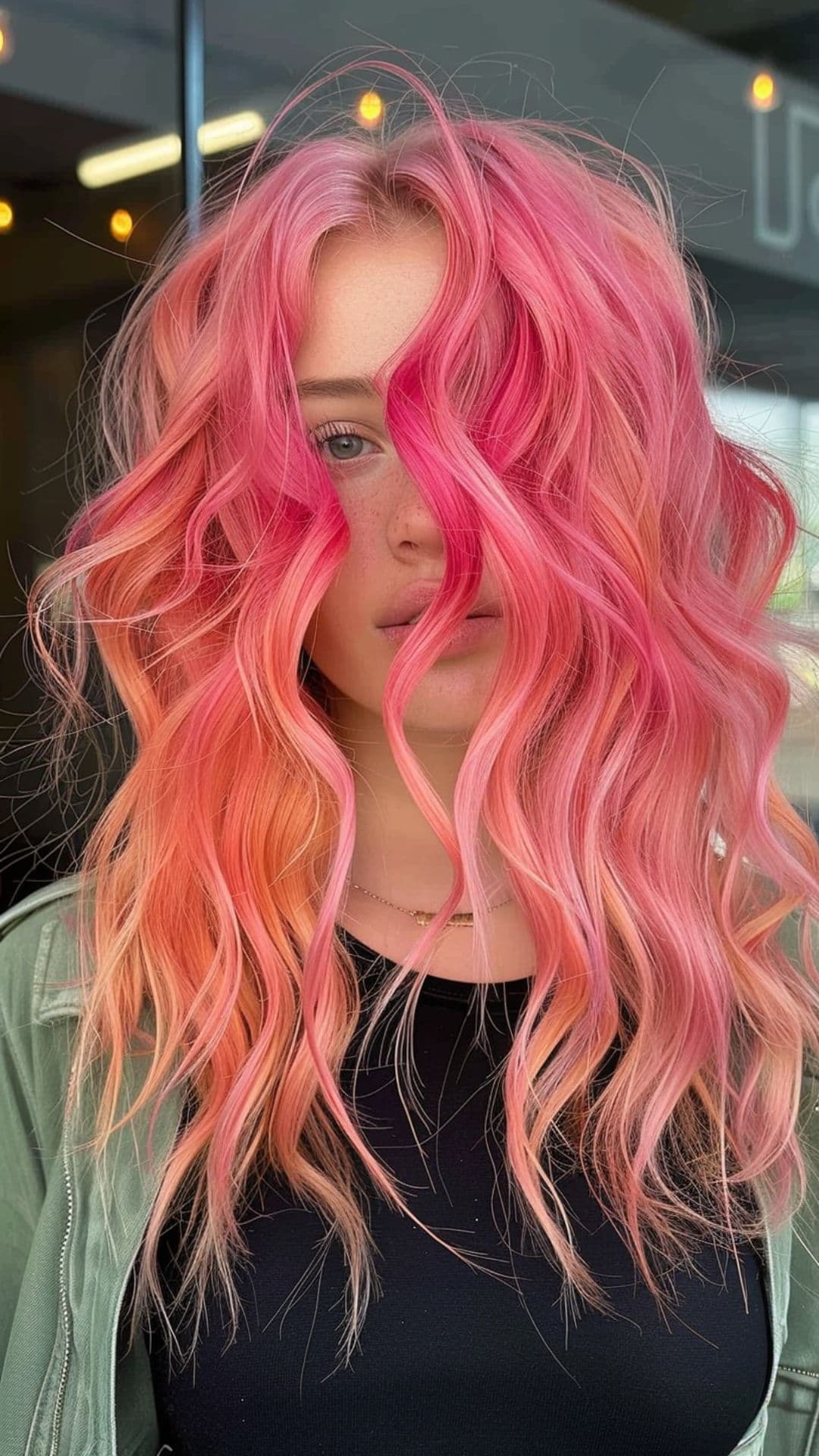 A woman modelling a watermelon and peach sunset hair.