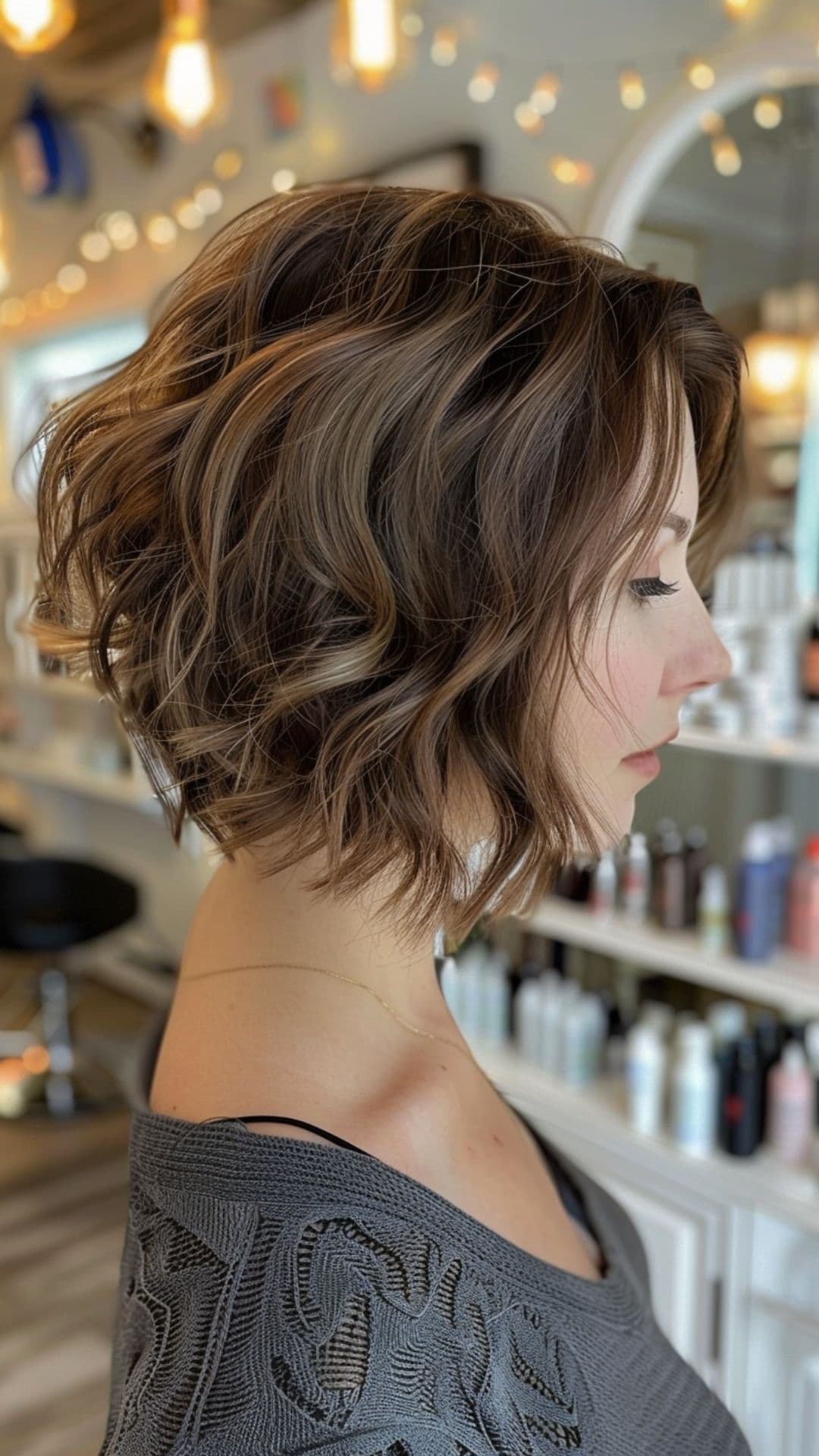 A woman modelling a wavy inverted bob.