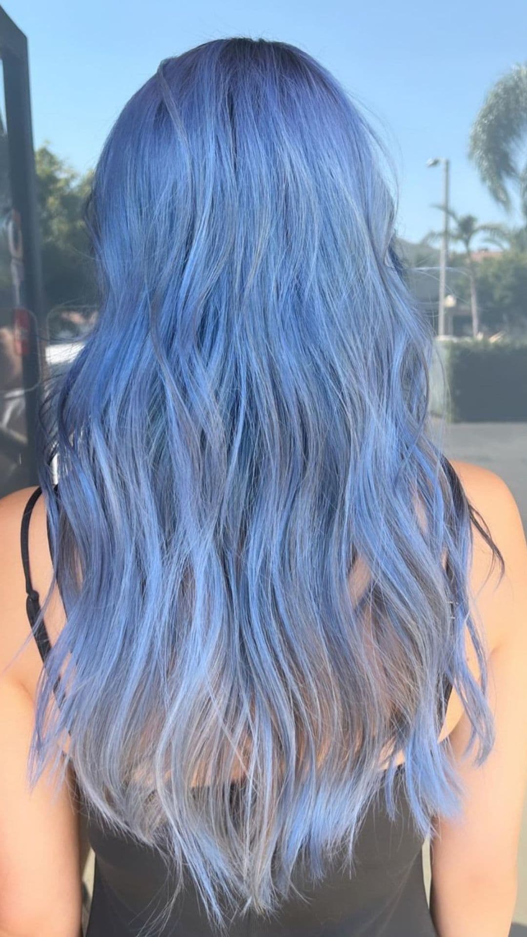 A person with long, wavy Smokey Blue hair shown from the back, standing outdoors in natural light.