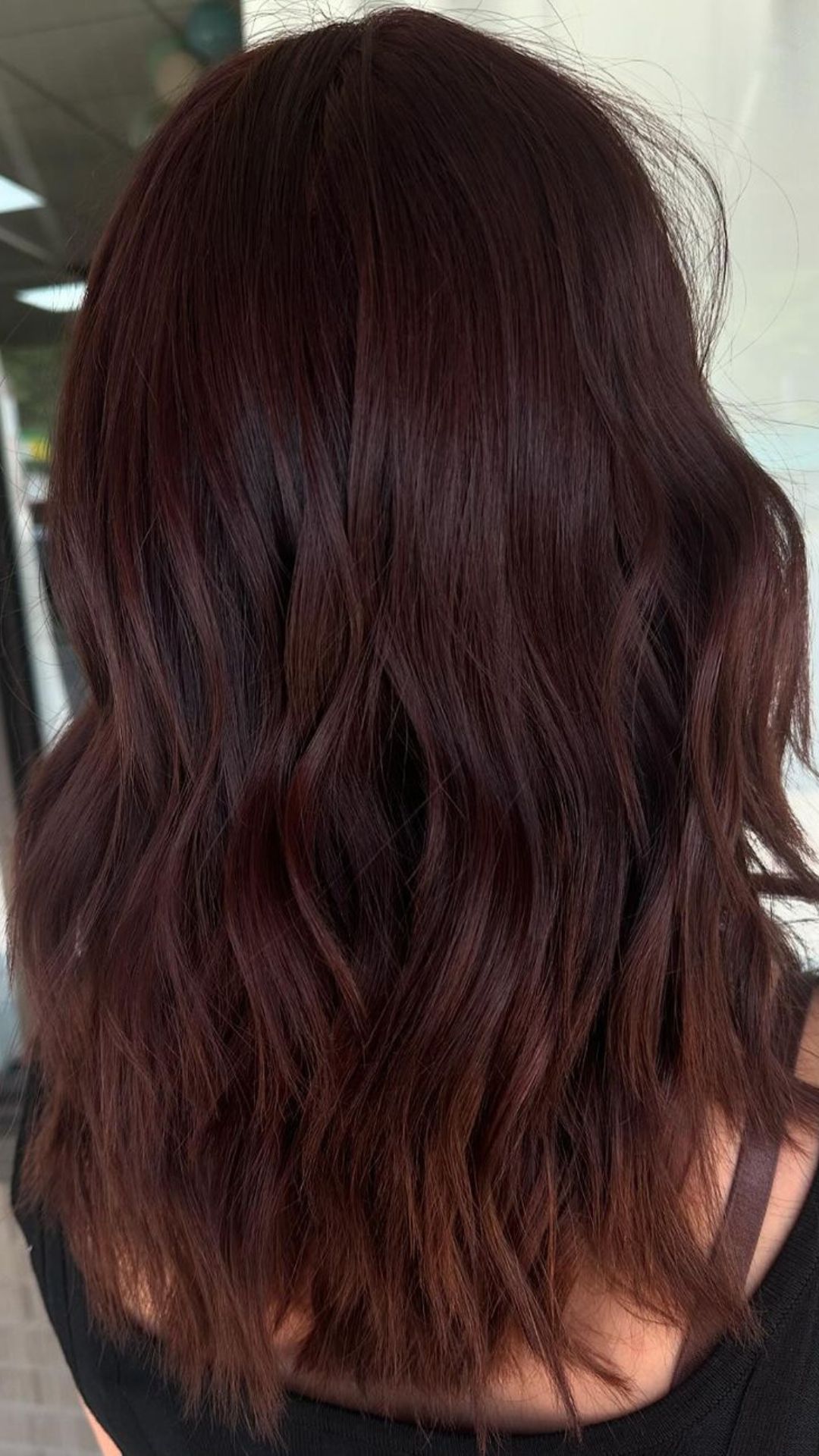 A person with wavy, shoulder-length hair in a rich Chocolate Cherry color, showcasing the hairstyle from the back.