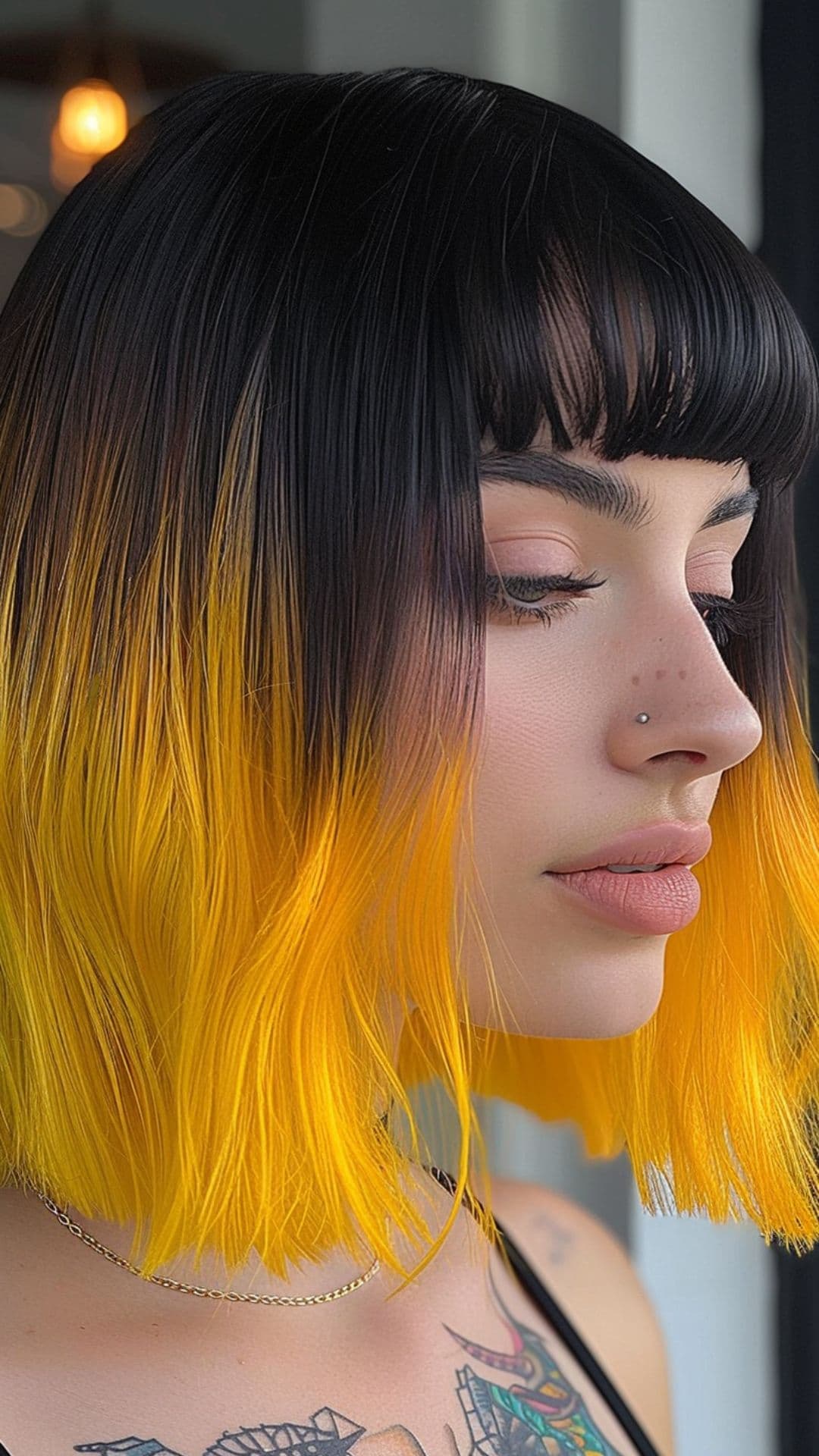 A woman modelling a black to yellow ombre hair.