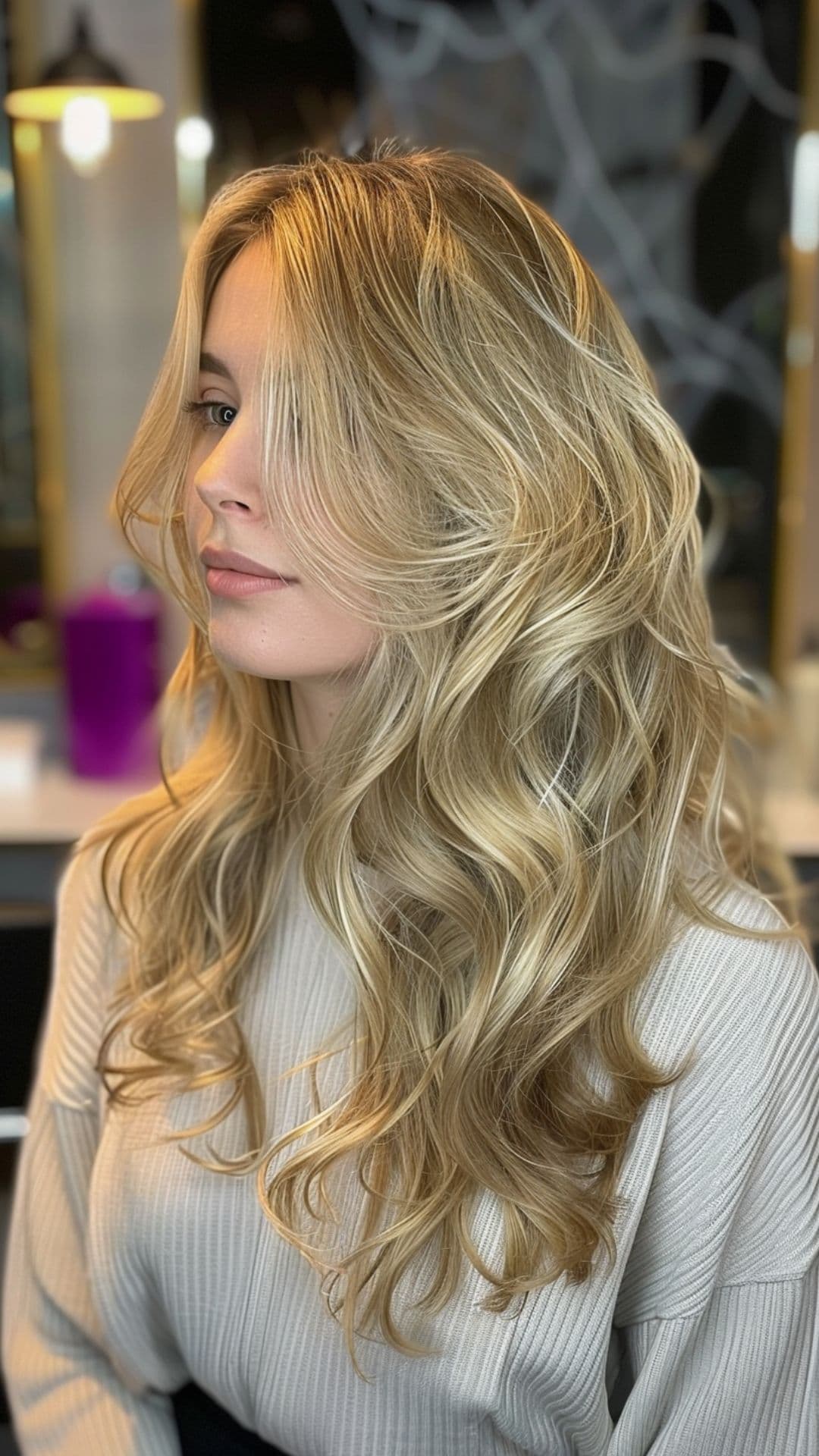 A woman modelling an ash blonde hair.