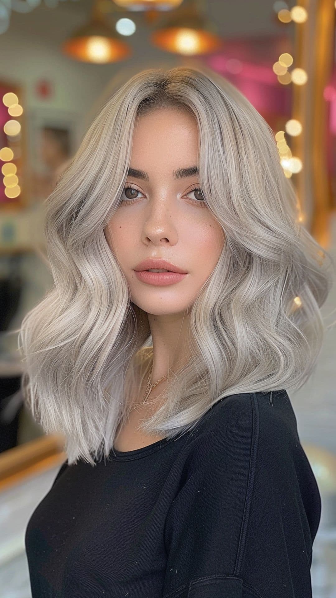 A woman modelling an ash gray hair.