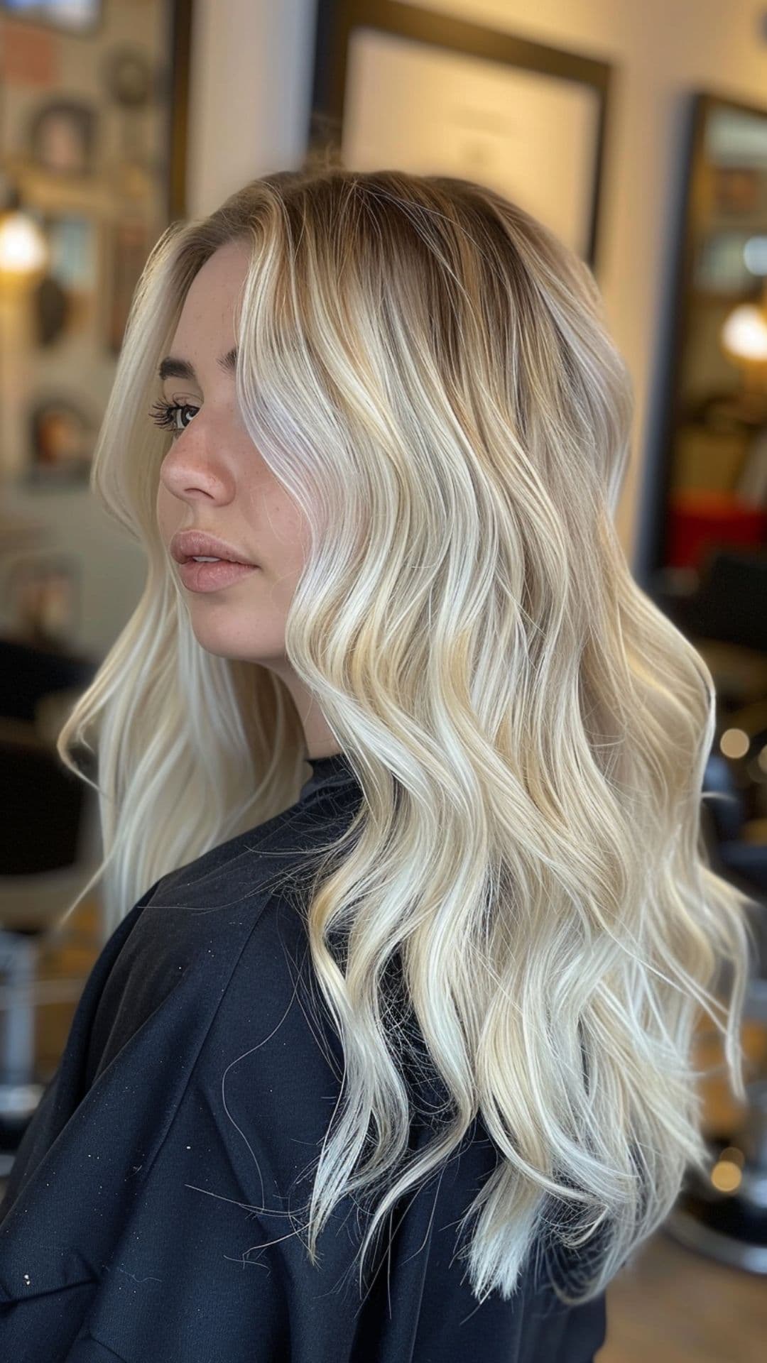 A woman modelling a champagne blonde hair.