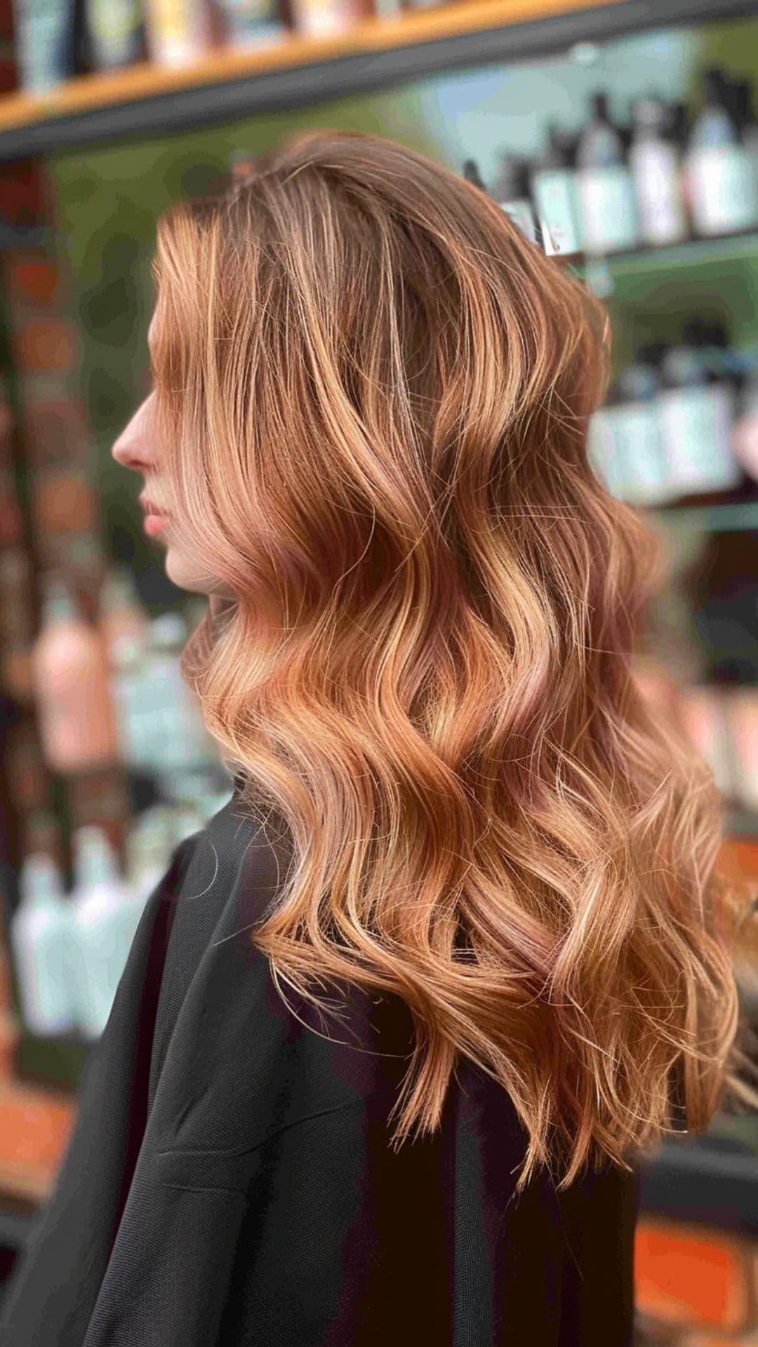 A woman modelling a champagne rose hair color.