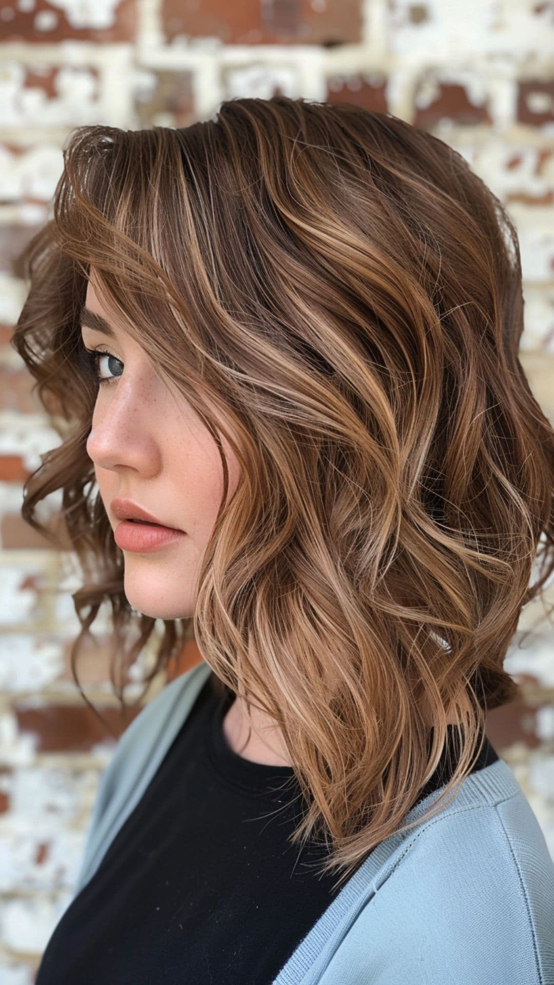 A woman modelling a cool-toned caramel hair.