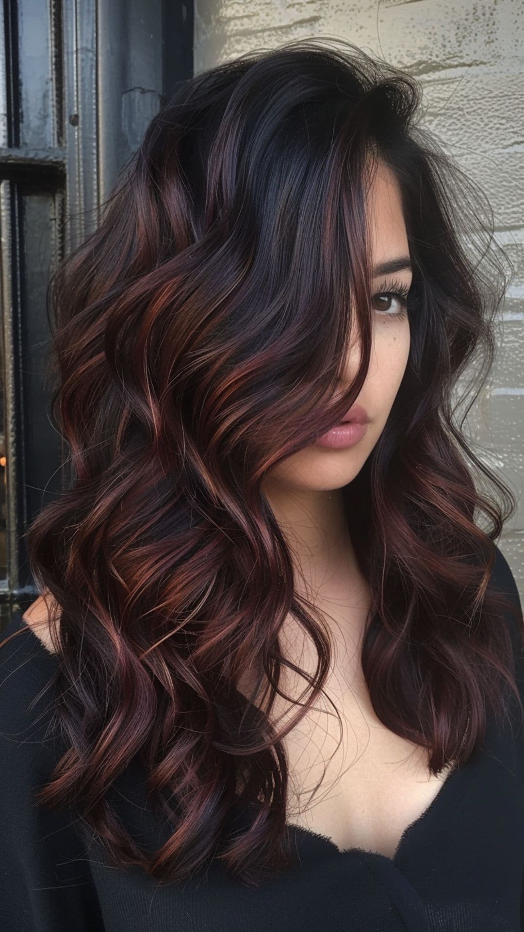 A woman modelling a dark chocolate hair with burgundy balayage.