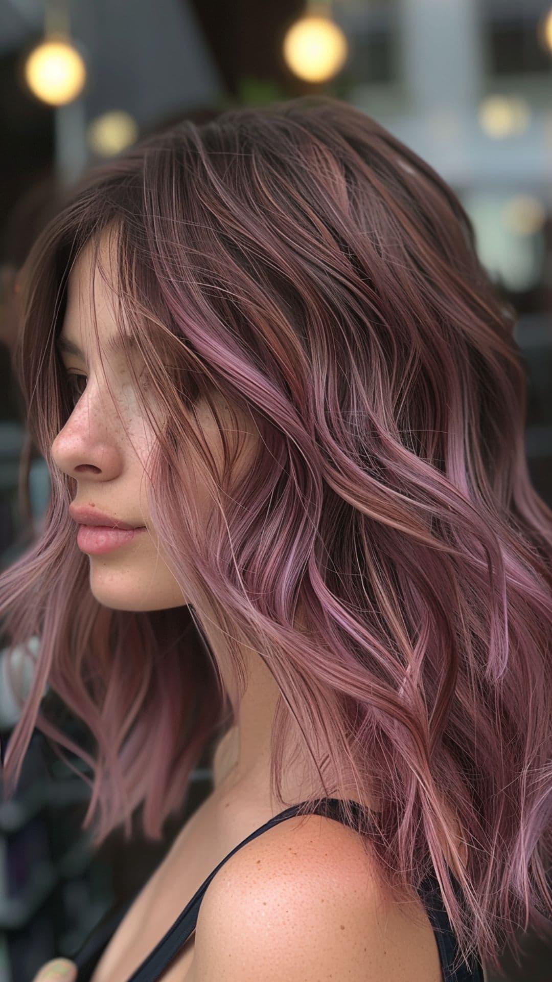 A woman modelling a dark chocolate hair with dusty rose highlights.