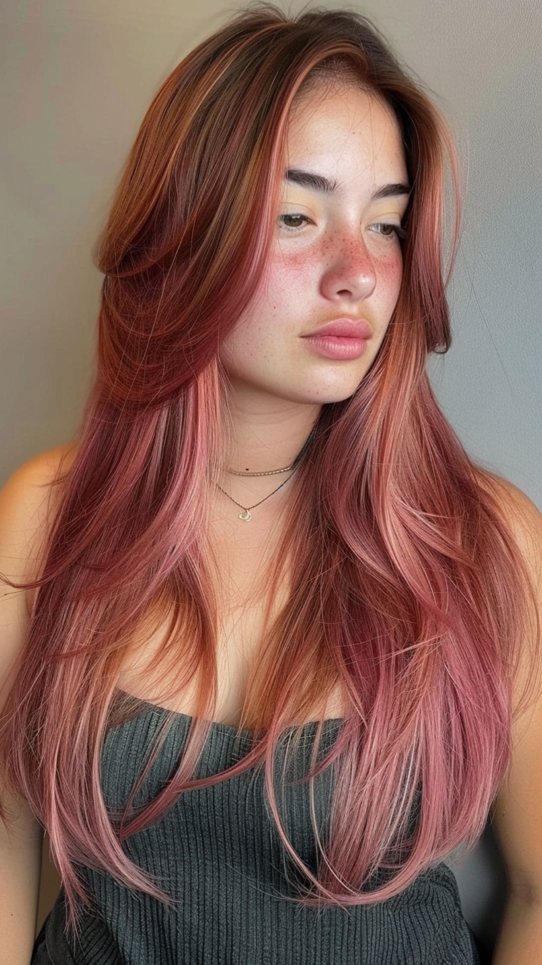 A woman modelling a dark rose hold hair.