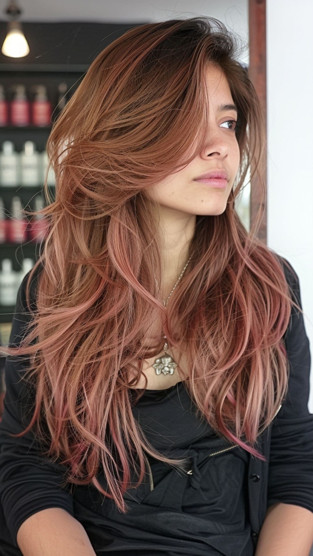 A woman modelling a desert rose hair color.