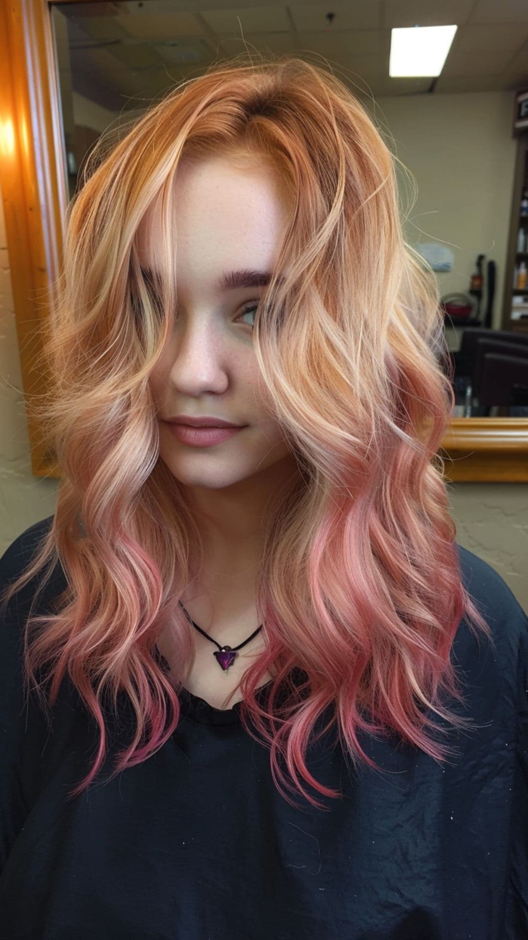 A woman modelling a dip dye rose gold hair color.