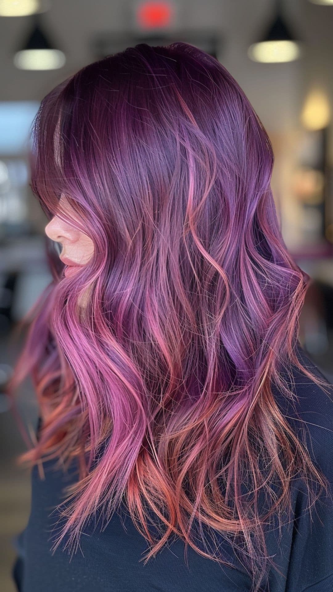 A woman modelling a dusty mauve hair.