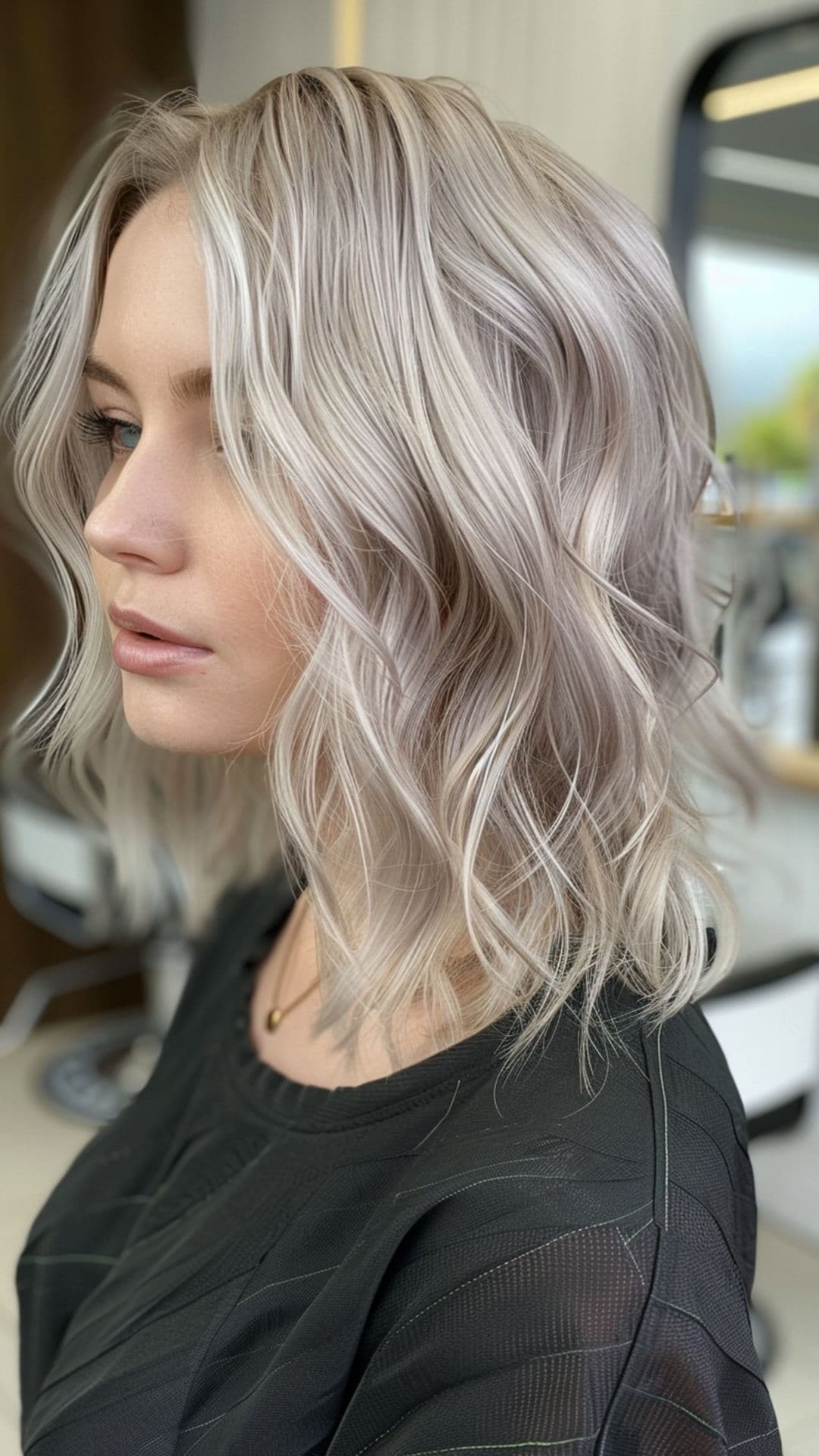 A woman modelling an icy silver hair.