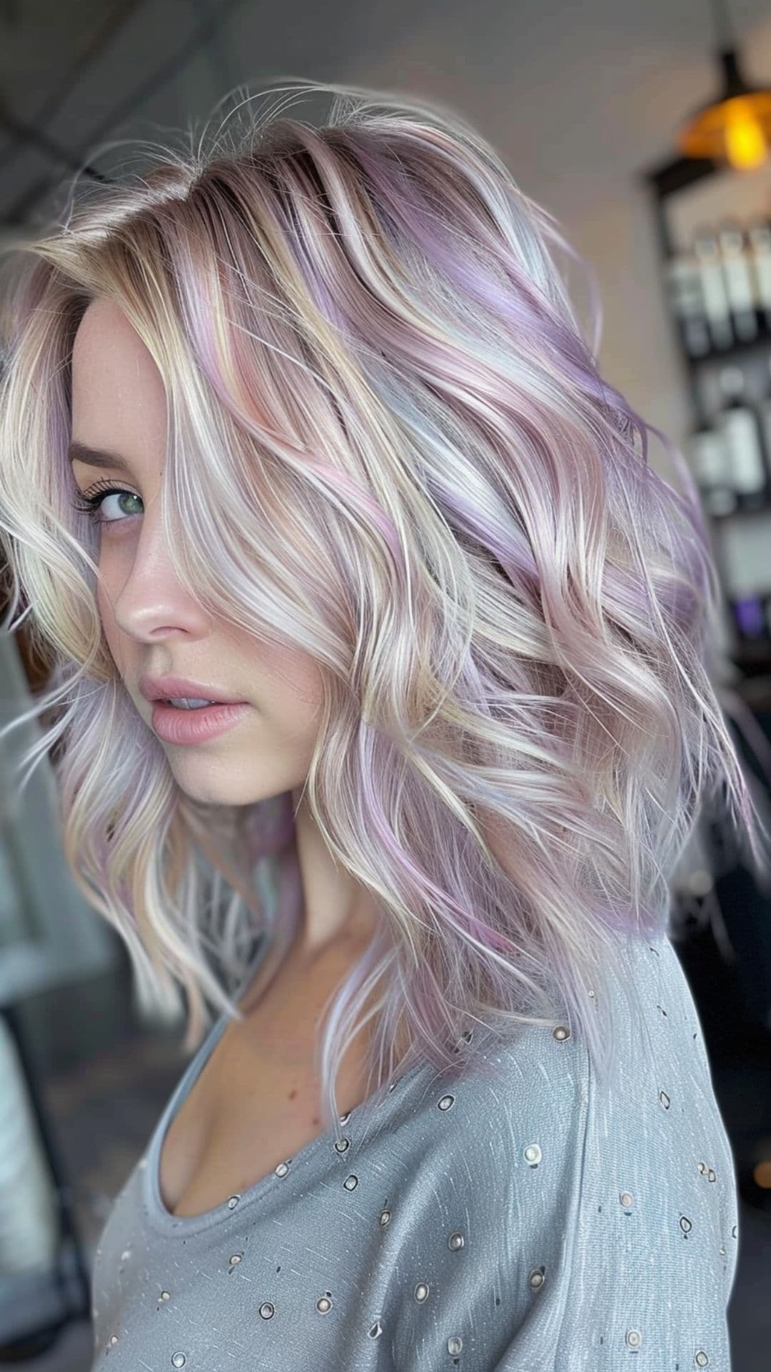 A woman modelling a lavender blonde hair.