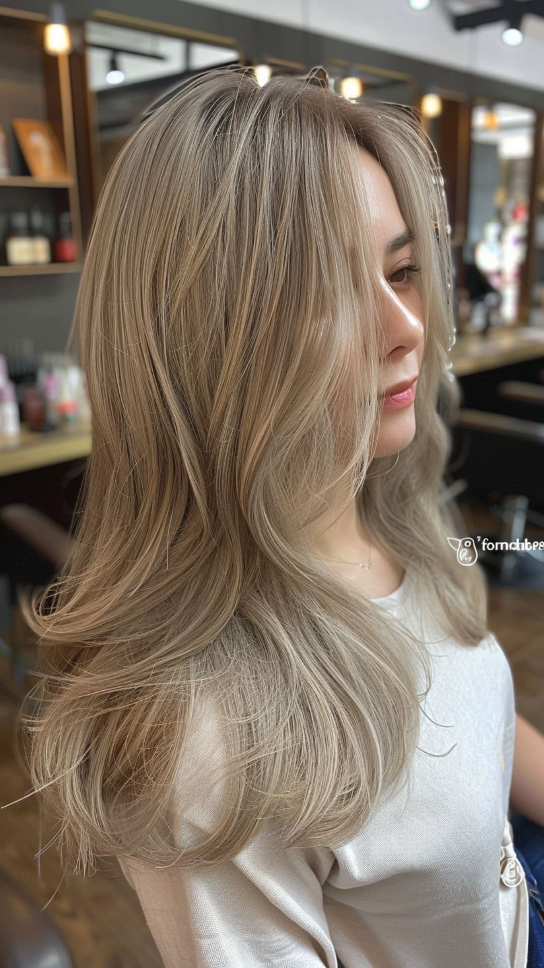 A woman modelling a light ash brown hair.