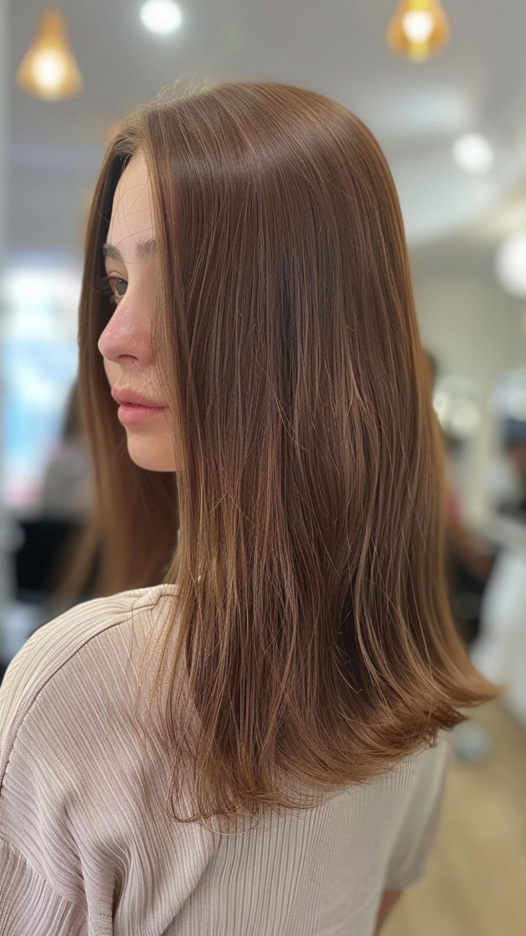 A woman modelling a light chocolate brown hair.