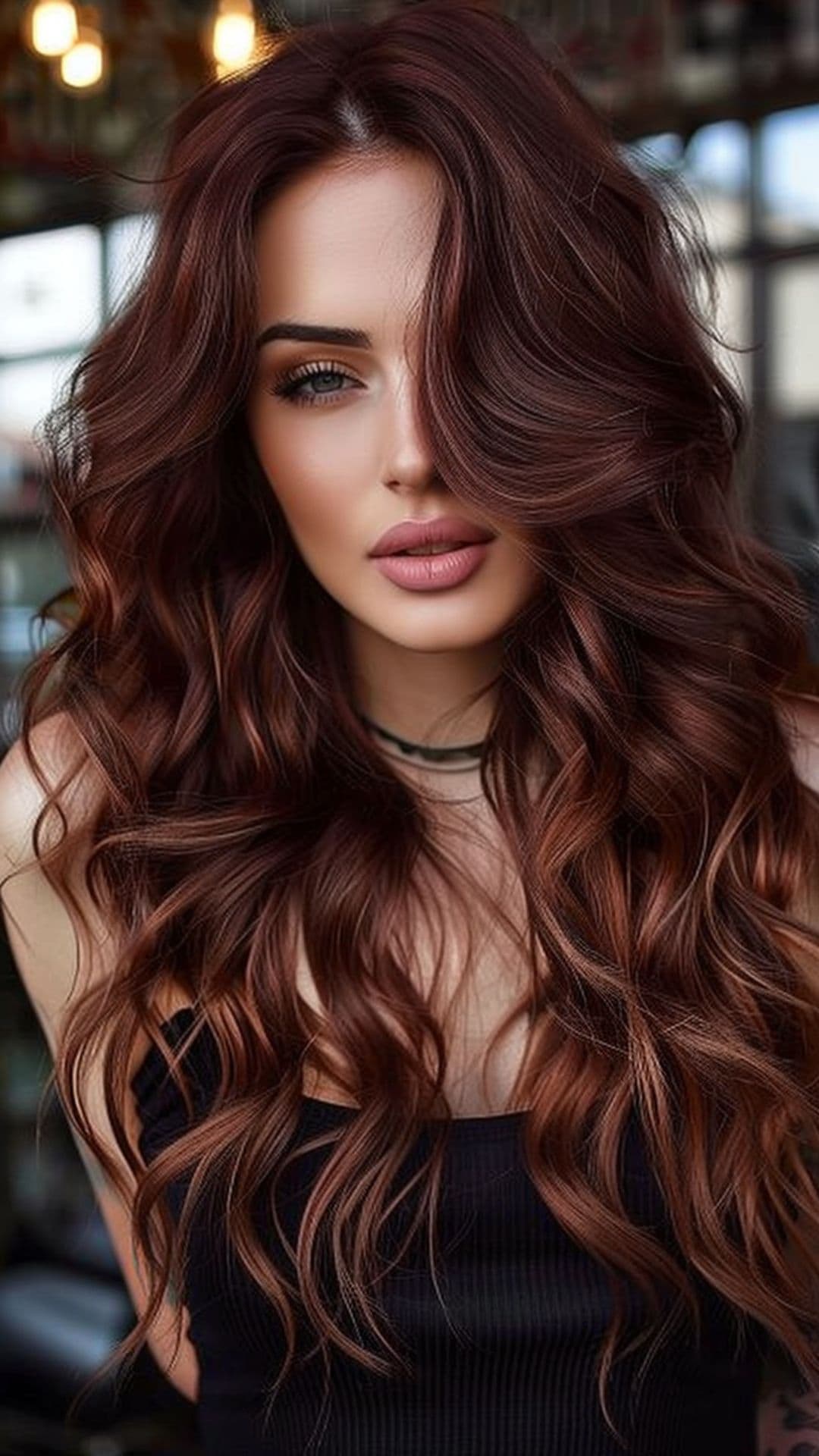 A woman modelling a mahogany balayage.