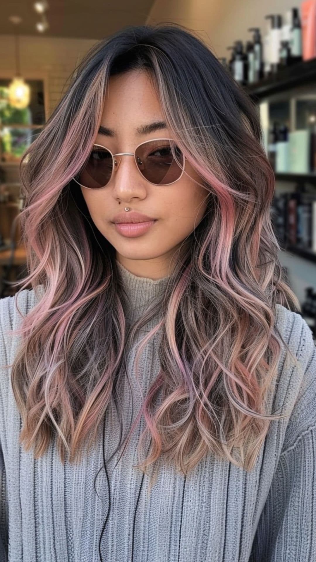 A woman modelling a metallic rose gold balayage on black hair.