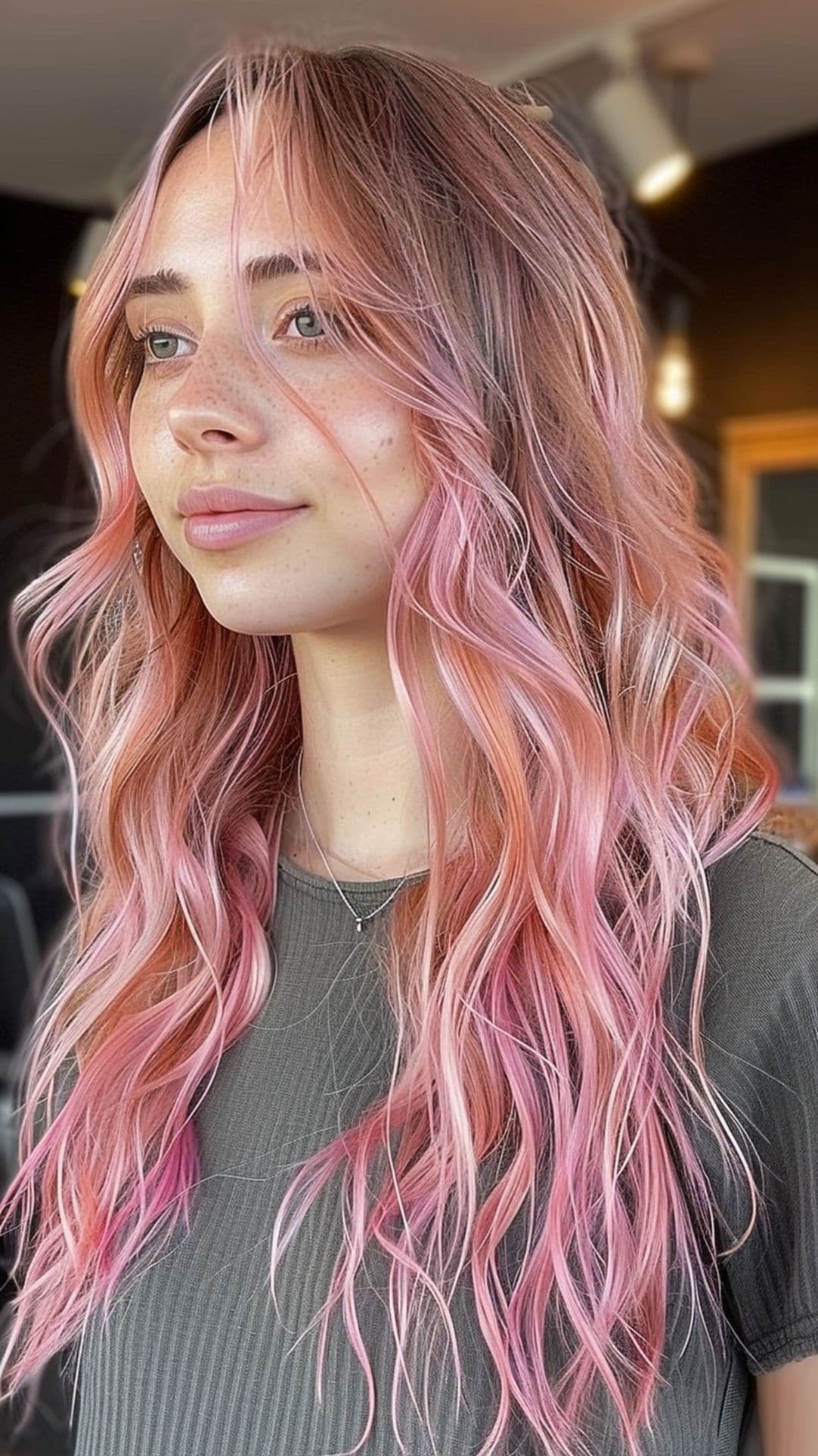 A woman modelling a multi-dimensional pink wavy hair.