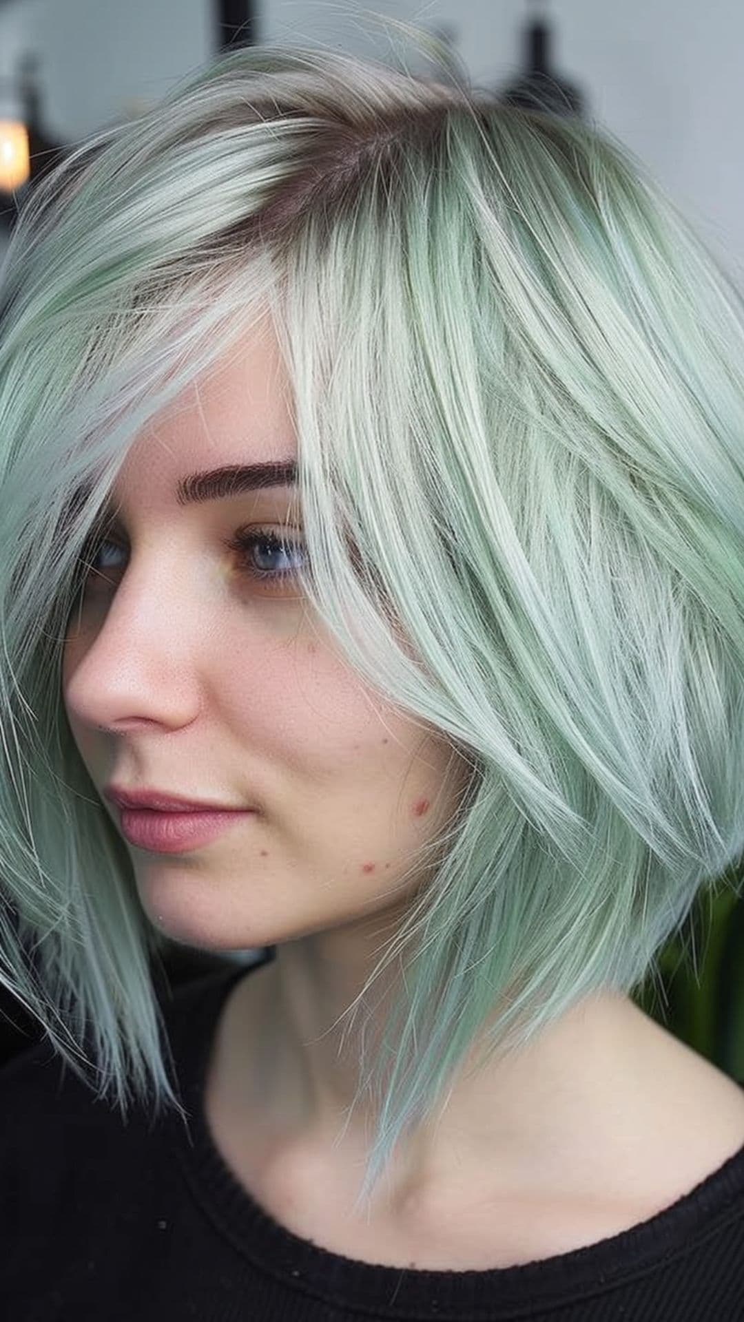 A woman modelling a pale mint green hair.