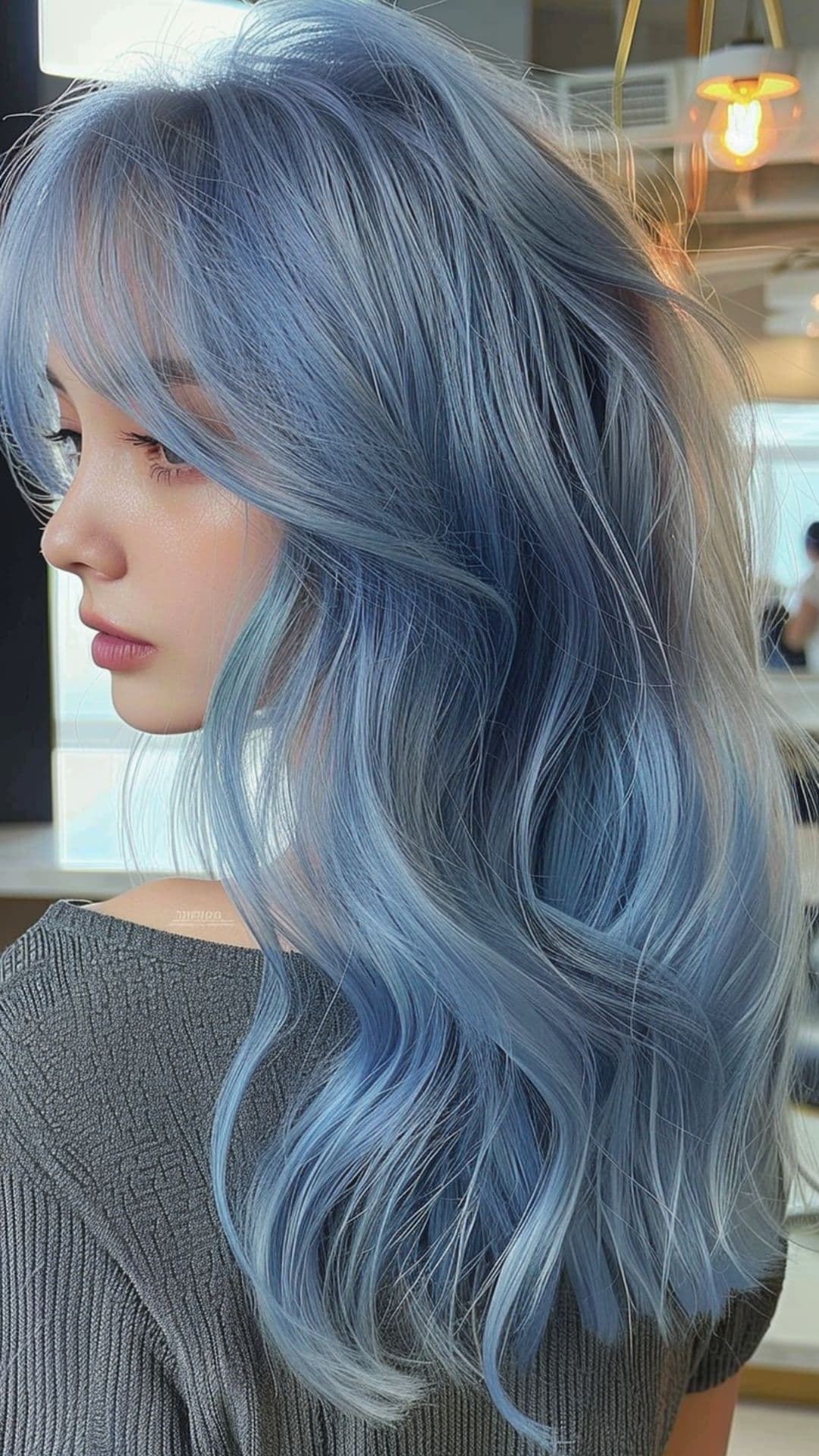 A woman modelling a pastel blue hair.