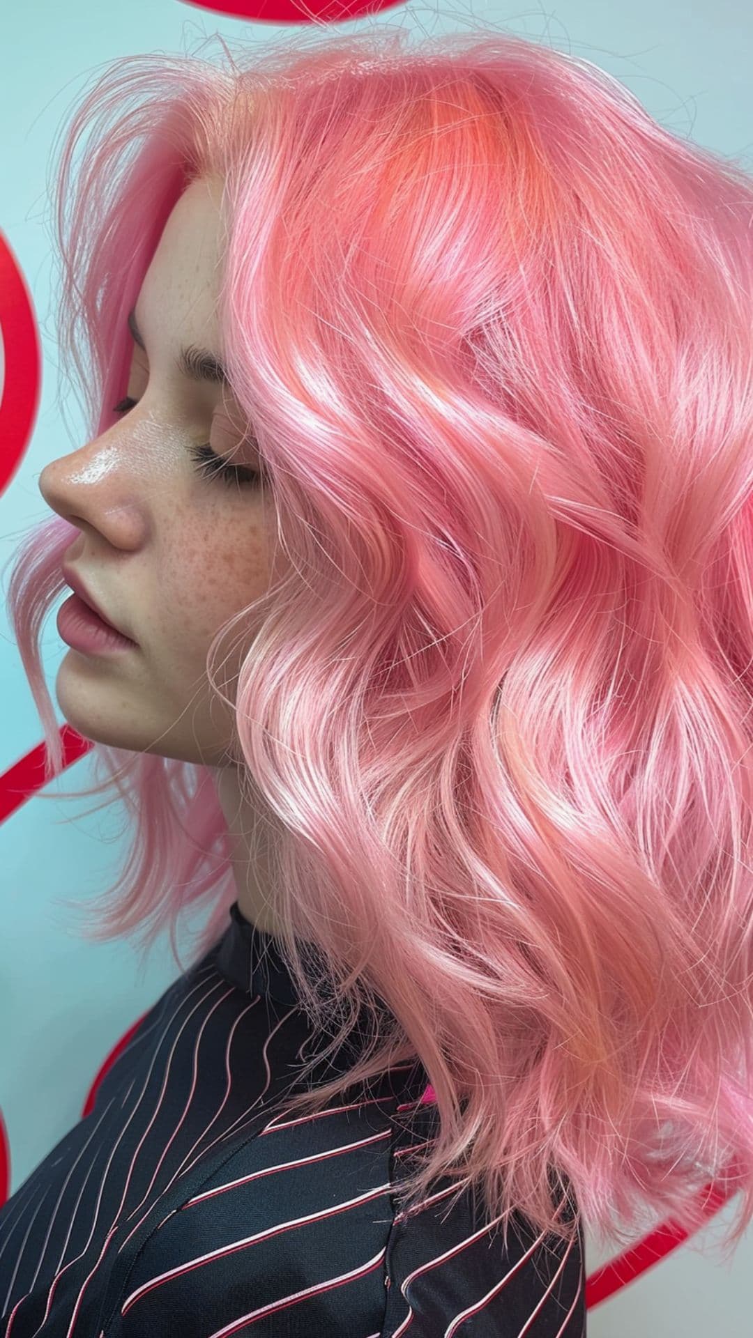 A woman modelling a pastel pink hair.