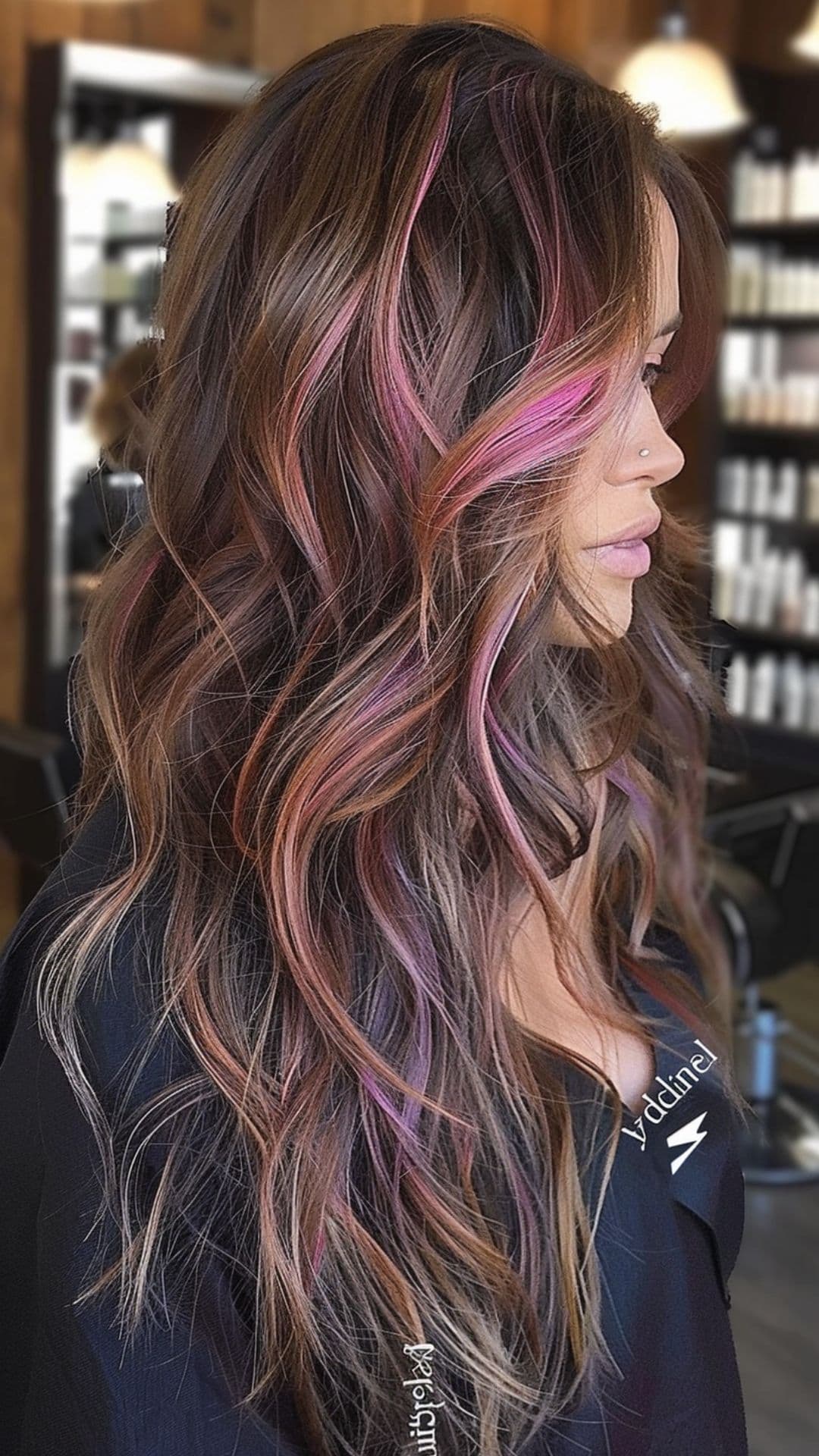 A woman modelling a pink highlights on dark brown hair.