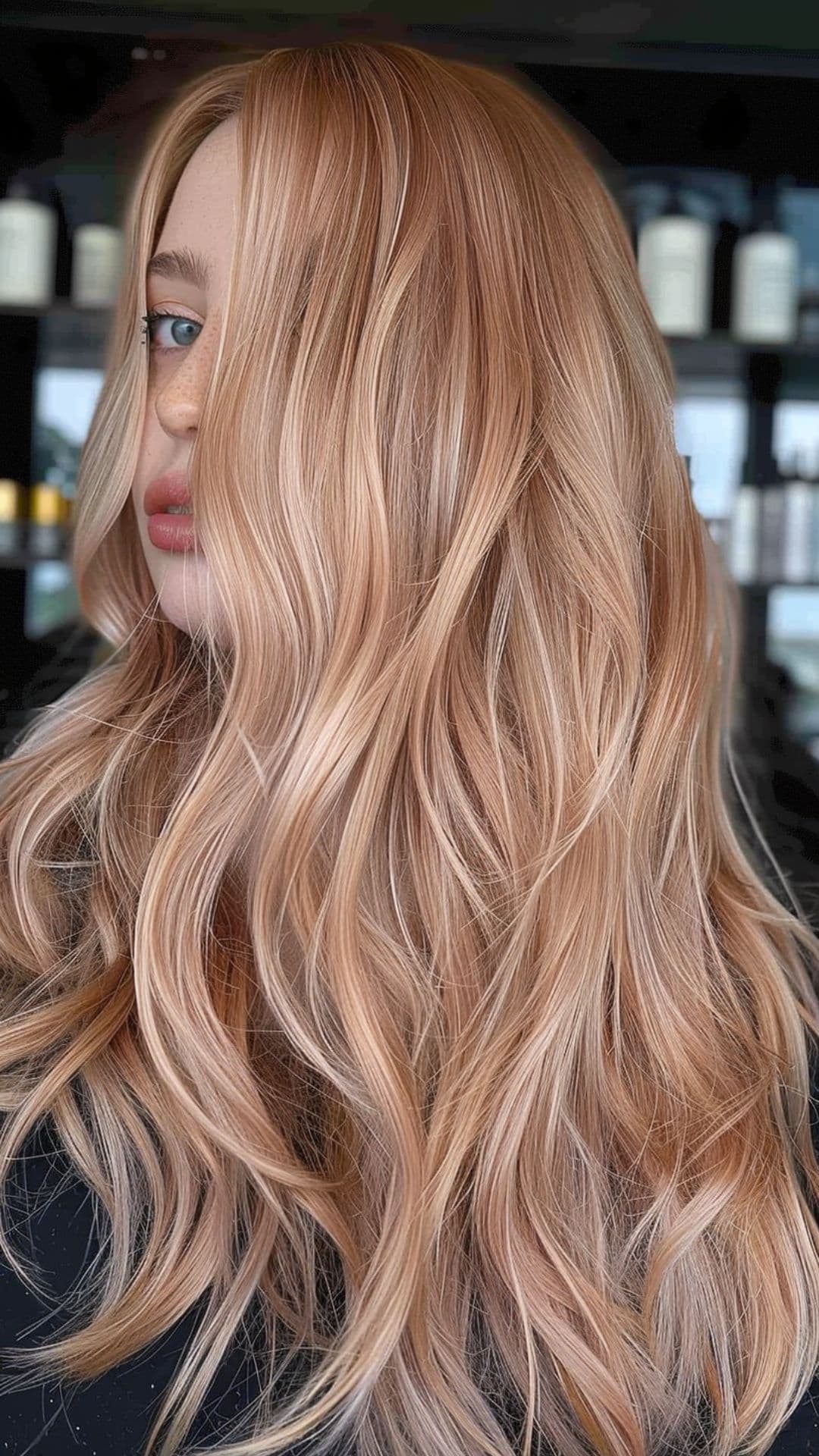 A woman modelling a platinum rose gold hair.