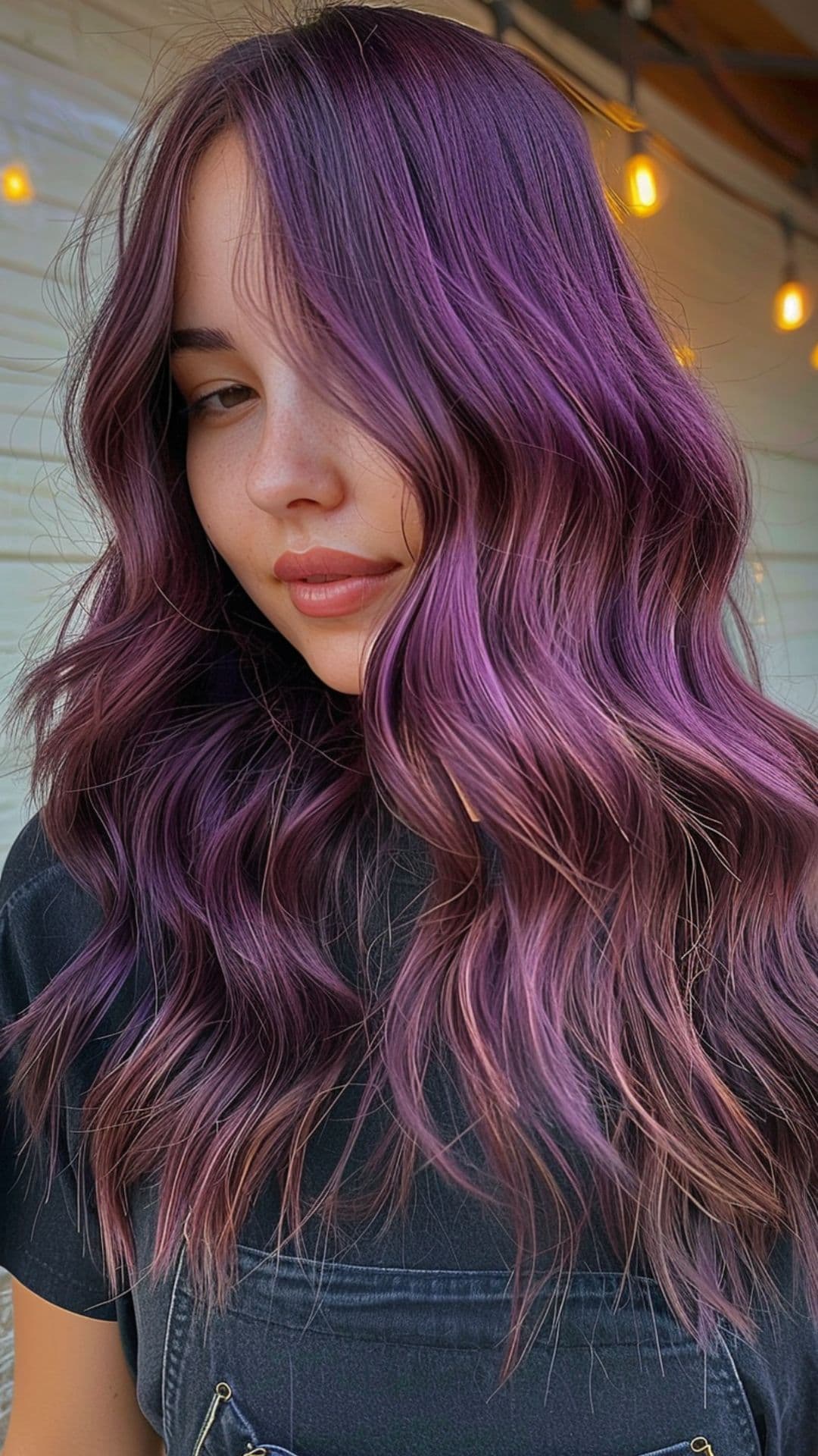 A woman modelling a pops of dusty pink, lavender and burgundy highlights.