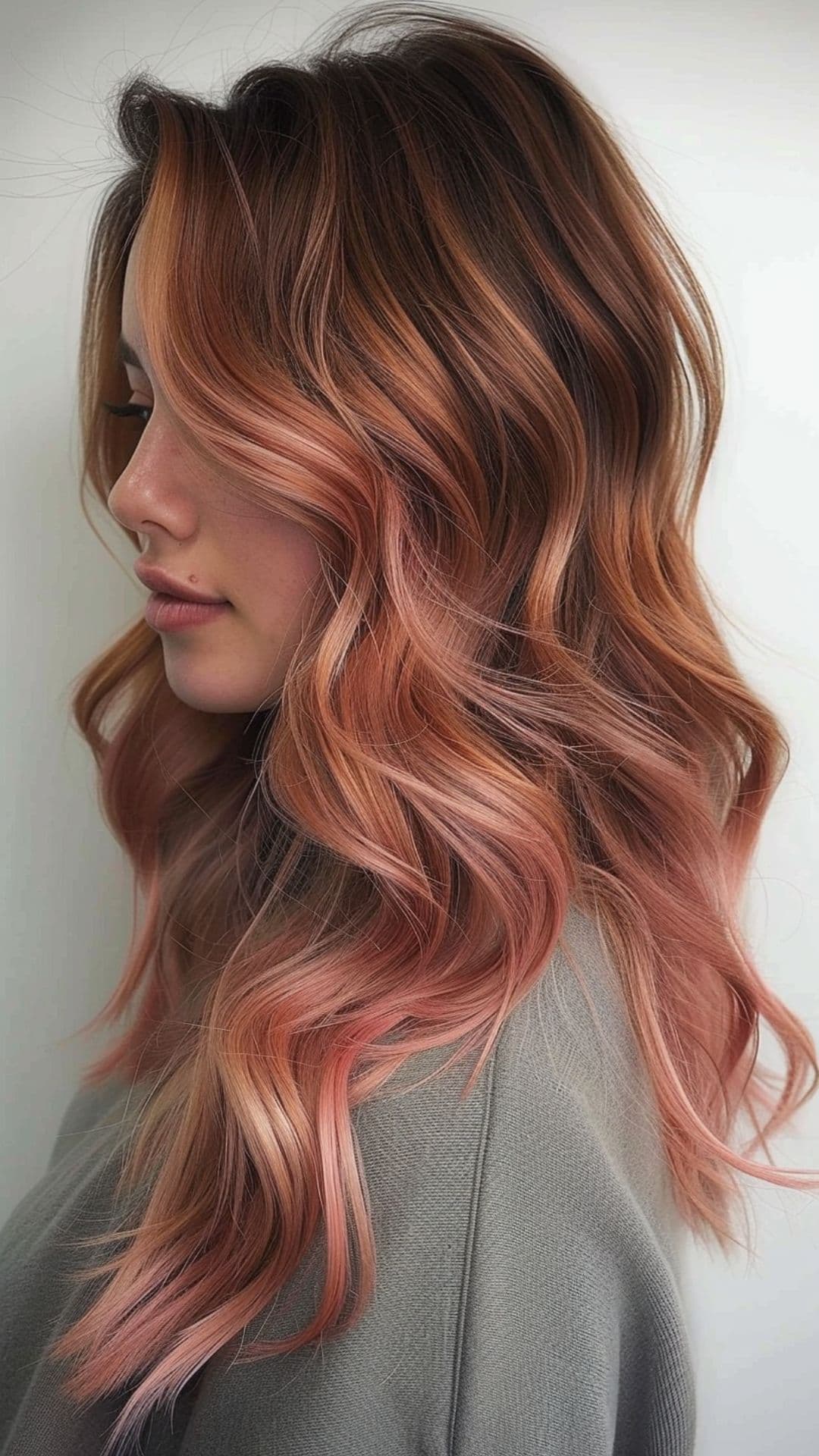 A woman modelling a rose gold balayage.