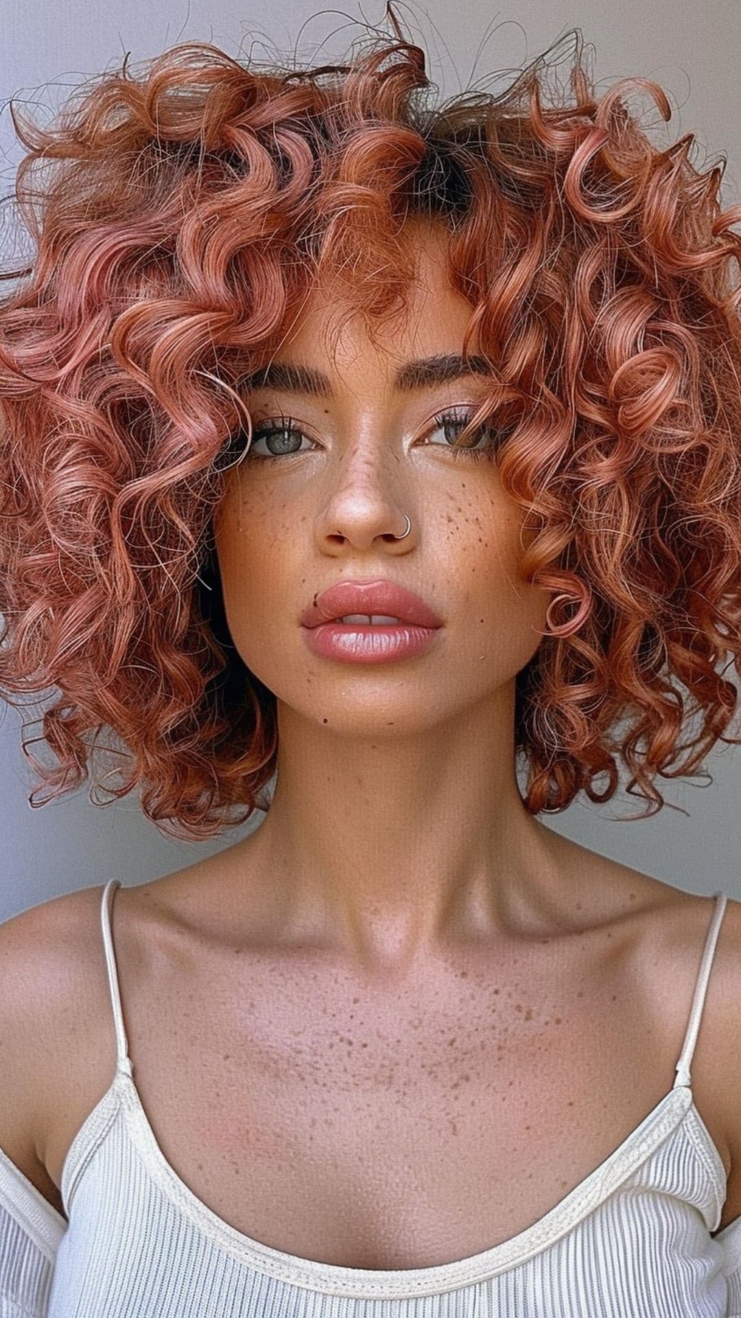 A woman modelling rose gold curls hairstyle.